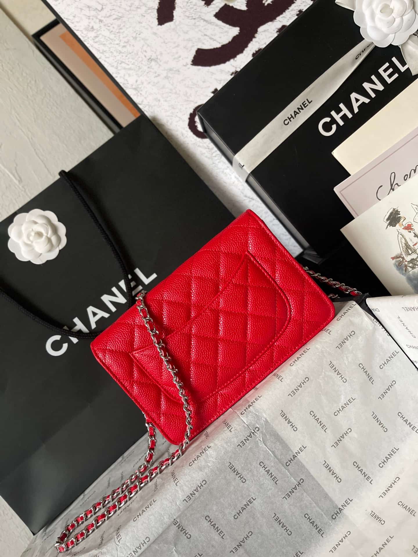 Chanel Classic Wallet on Chain Grained Shiny Calfskin & Silver-Tone Metal AP4241 Red A