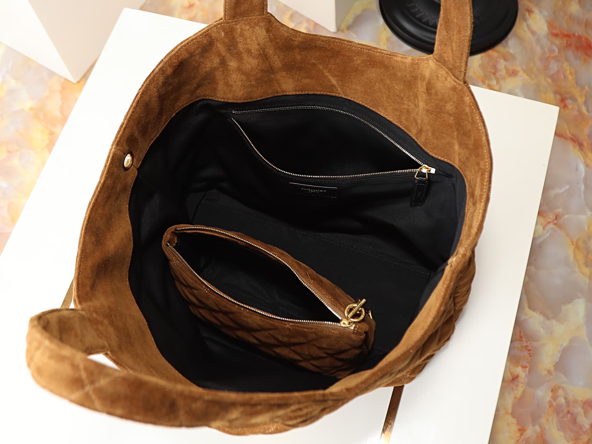 Saint Laurent ICARE Medium in quilted suede CARAMEL COGNAC 858191 TOP