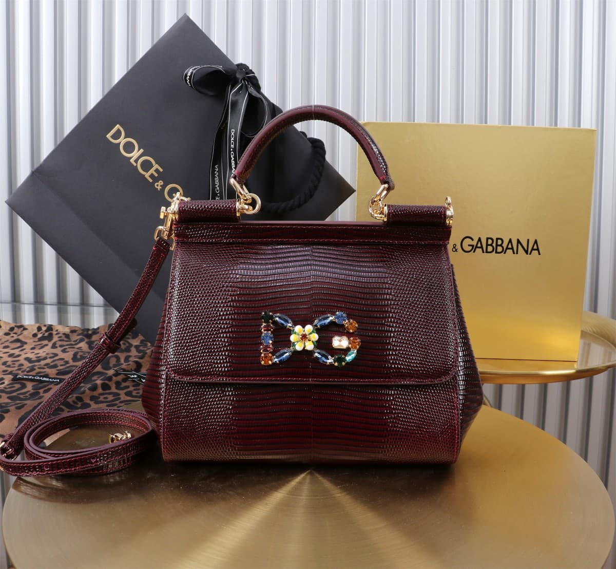 Sicily Handbag 20cm in Iguana Print Calfskin and Crystal DG Logo Patch High