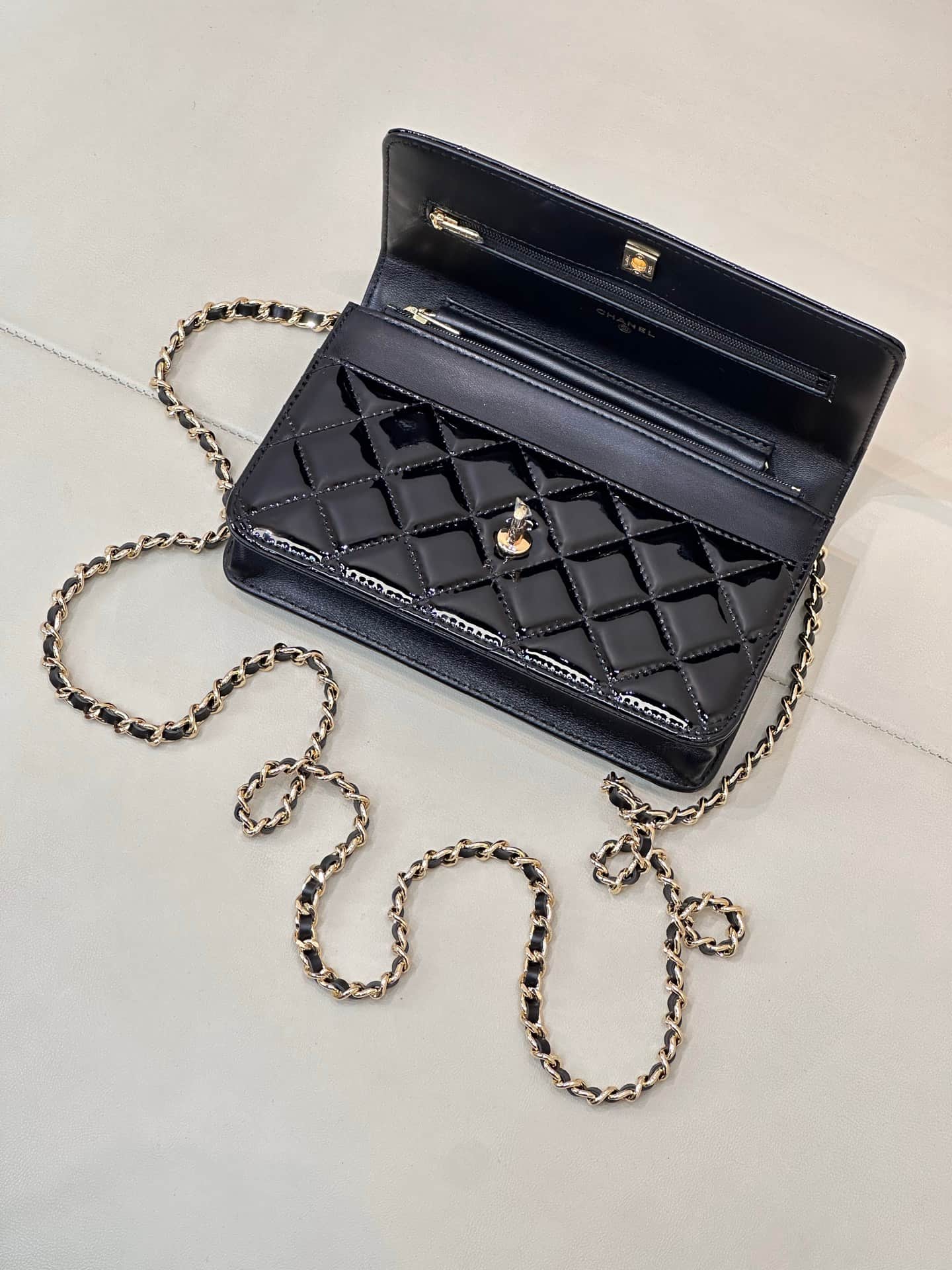 Chanel Classic Wallet on Chain Patent Quilted & Gold-Tone Metal AP4241 BLACK TOP