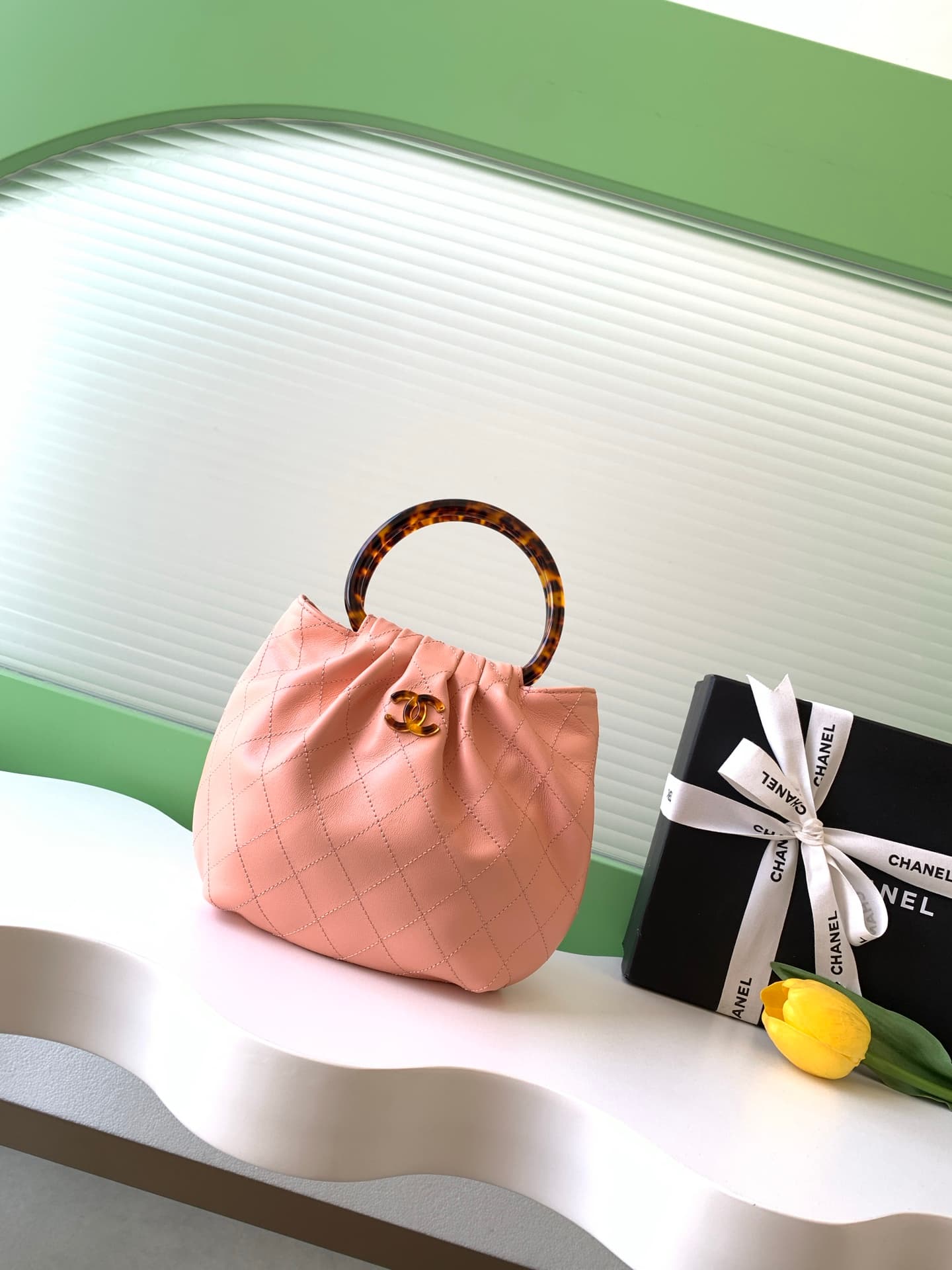 Chanel Small Hobo Bag Lambskin-Shell Effect Plexi & Gold-Tone Metal Pink AS6022 High