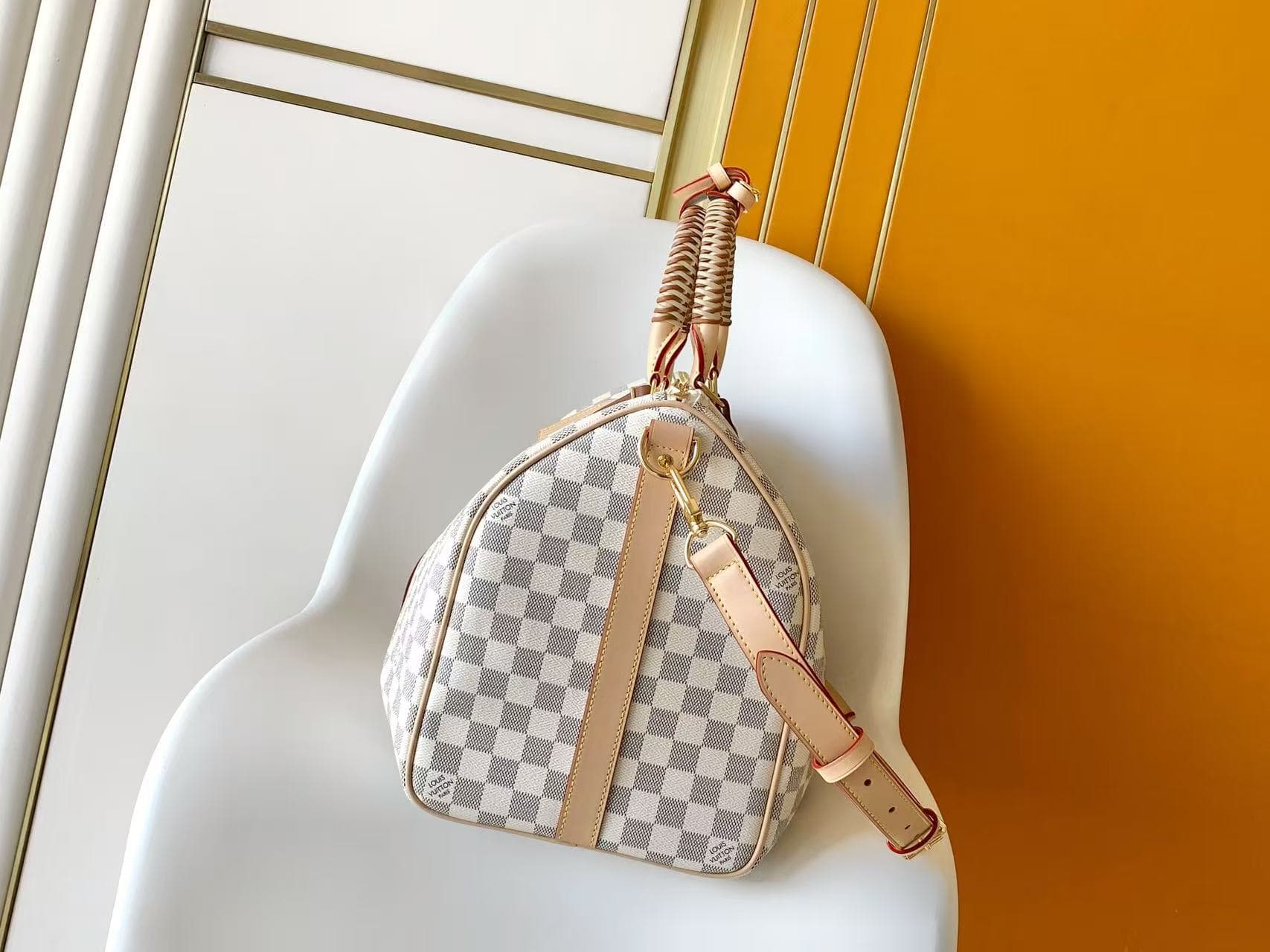 Louis Vuitton Keepall Bandoulière 45 Banana Yellow/Hazelnut Brown Damier Azur coated canvas N40909 High