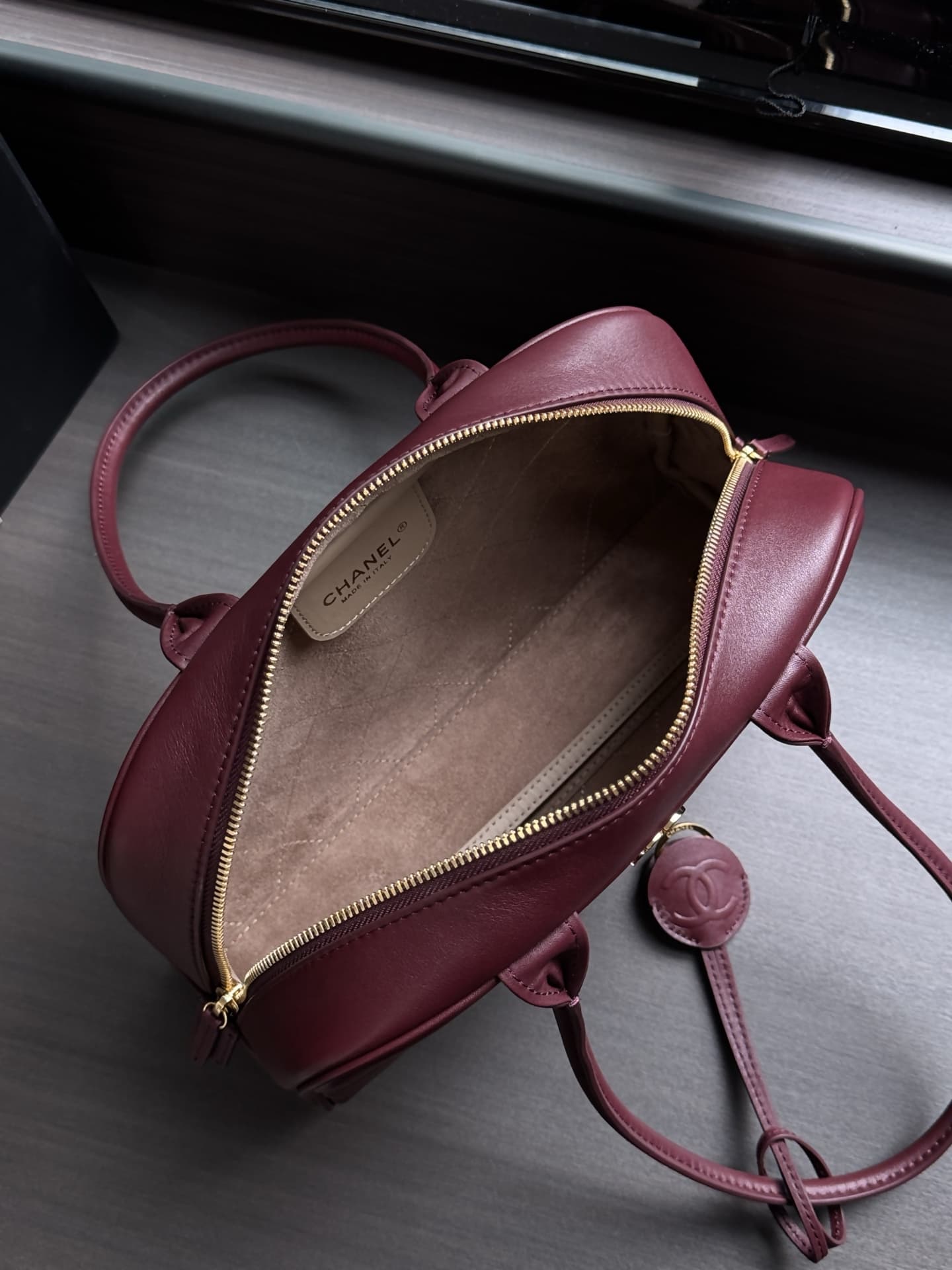 Chanel Large Bowling Bag Calfskin & Gold-Tone Metal Burgundy AS6580 High