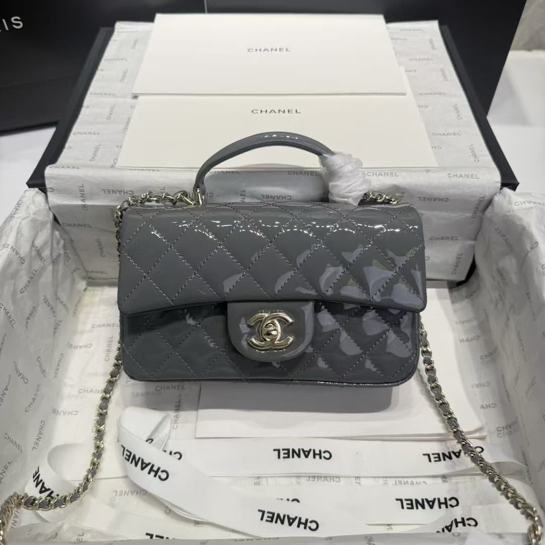 MINI FLAP BAG WITH TOP HANDLE AS2431 Patent Calfskin Gold-Tone Metal Grey A