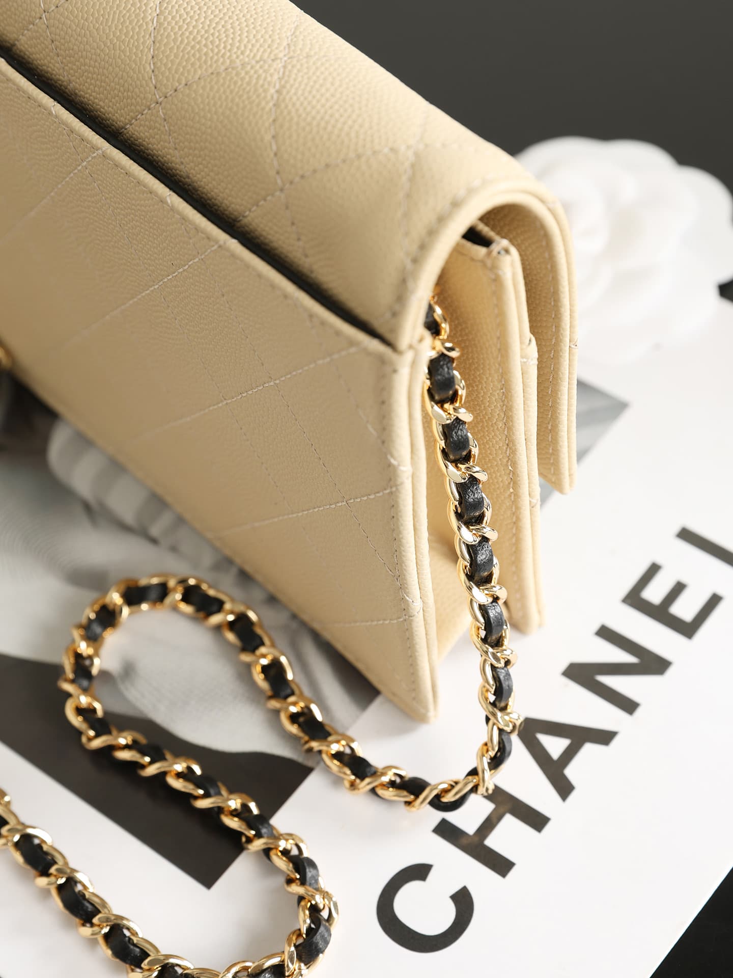 Chanel Wallet on Chain Shiny Grained Calfskin Lambskin & Gold-Tone Metal Beige AP5455 A