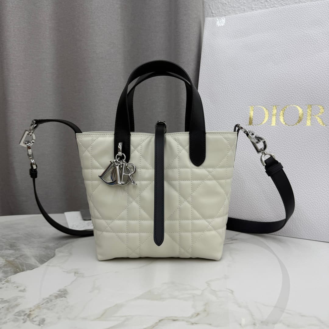 Small Dior Toujours Vertical Tote Bag Latte and Black Macrocannage Calfskin M2835 High
