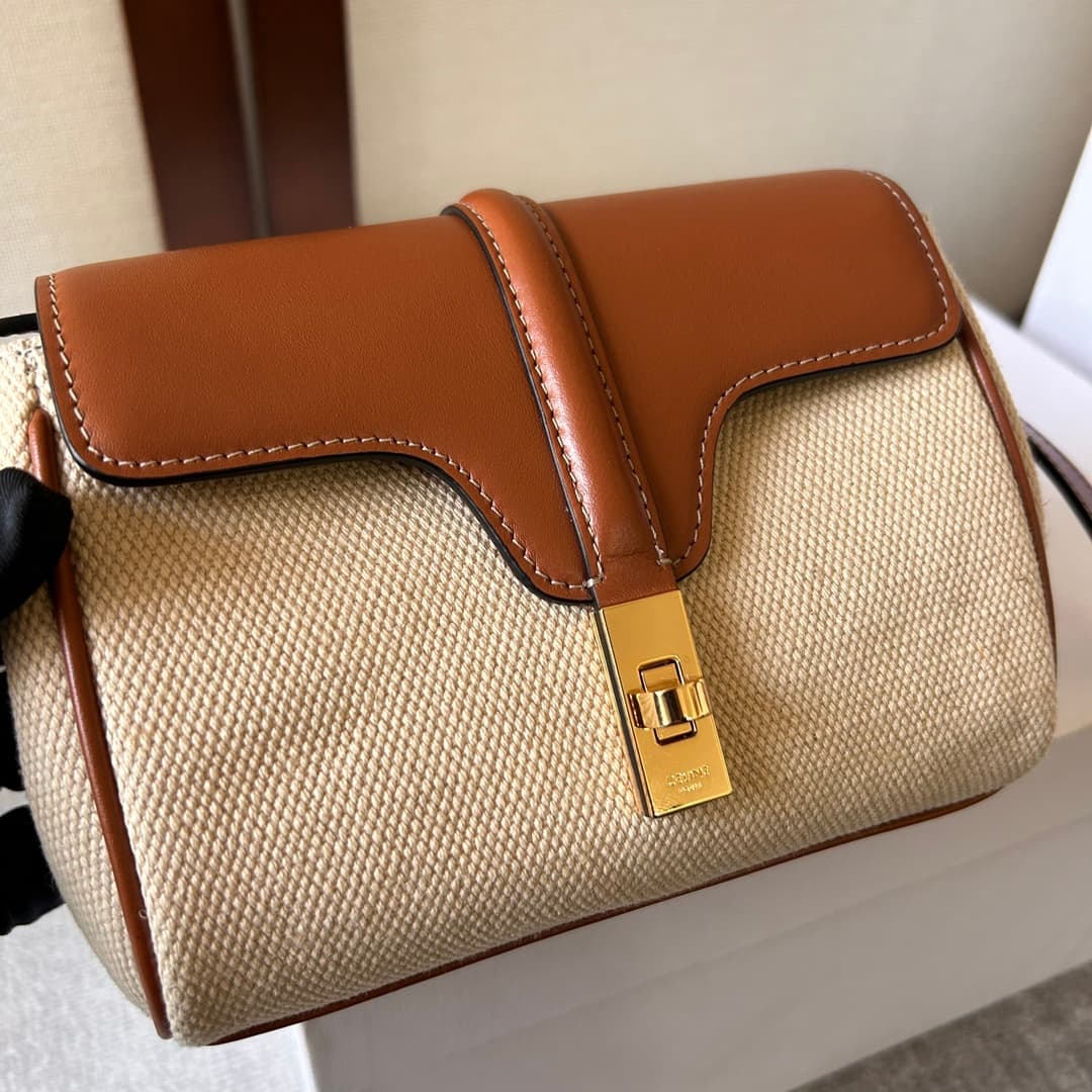Celine Canvas and Calfskin Small 16 Bag in Natural and Tan High