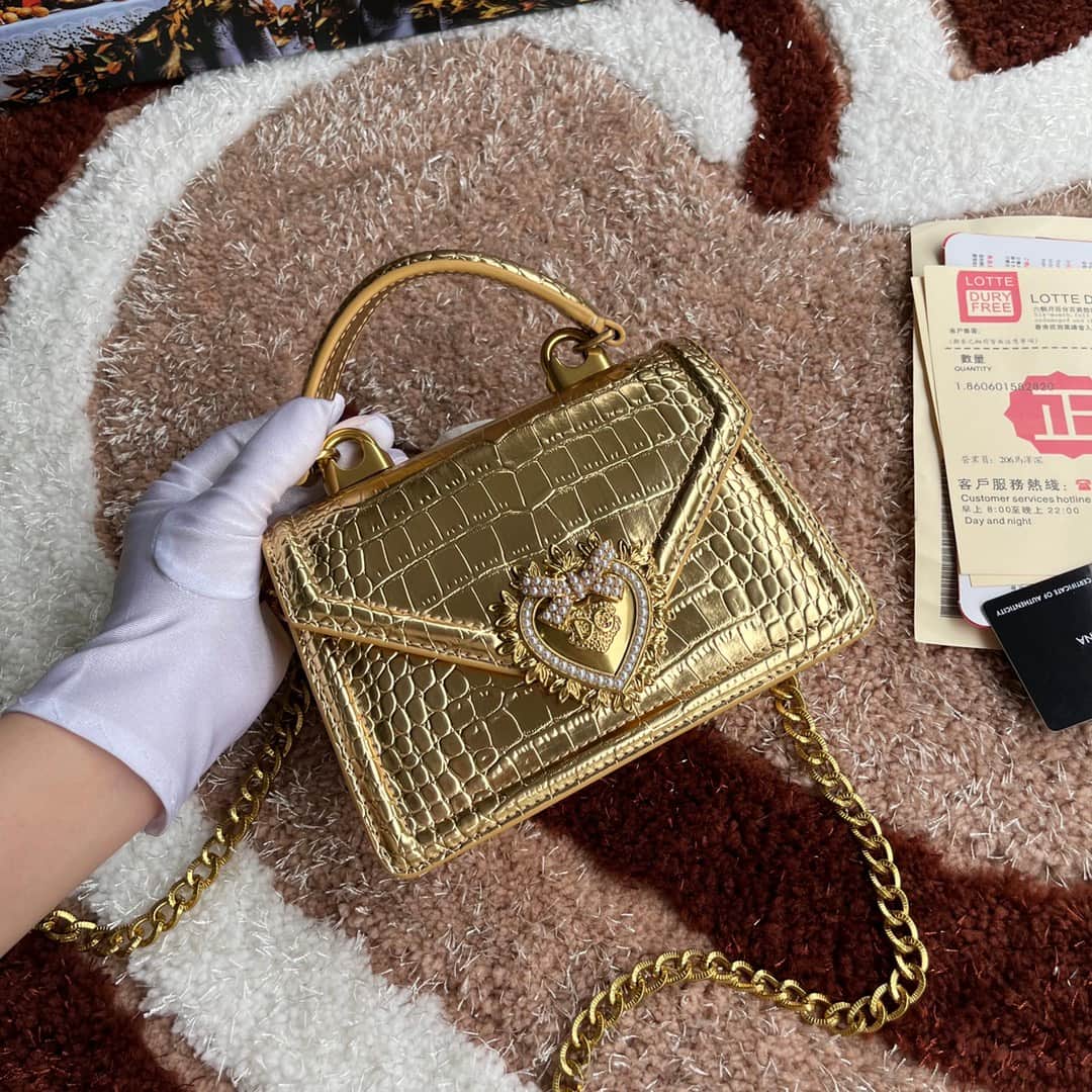 Dolce & Gabbana Small Devotion bag in crocodile-effect calfskin Gold High