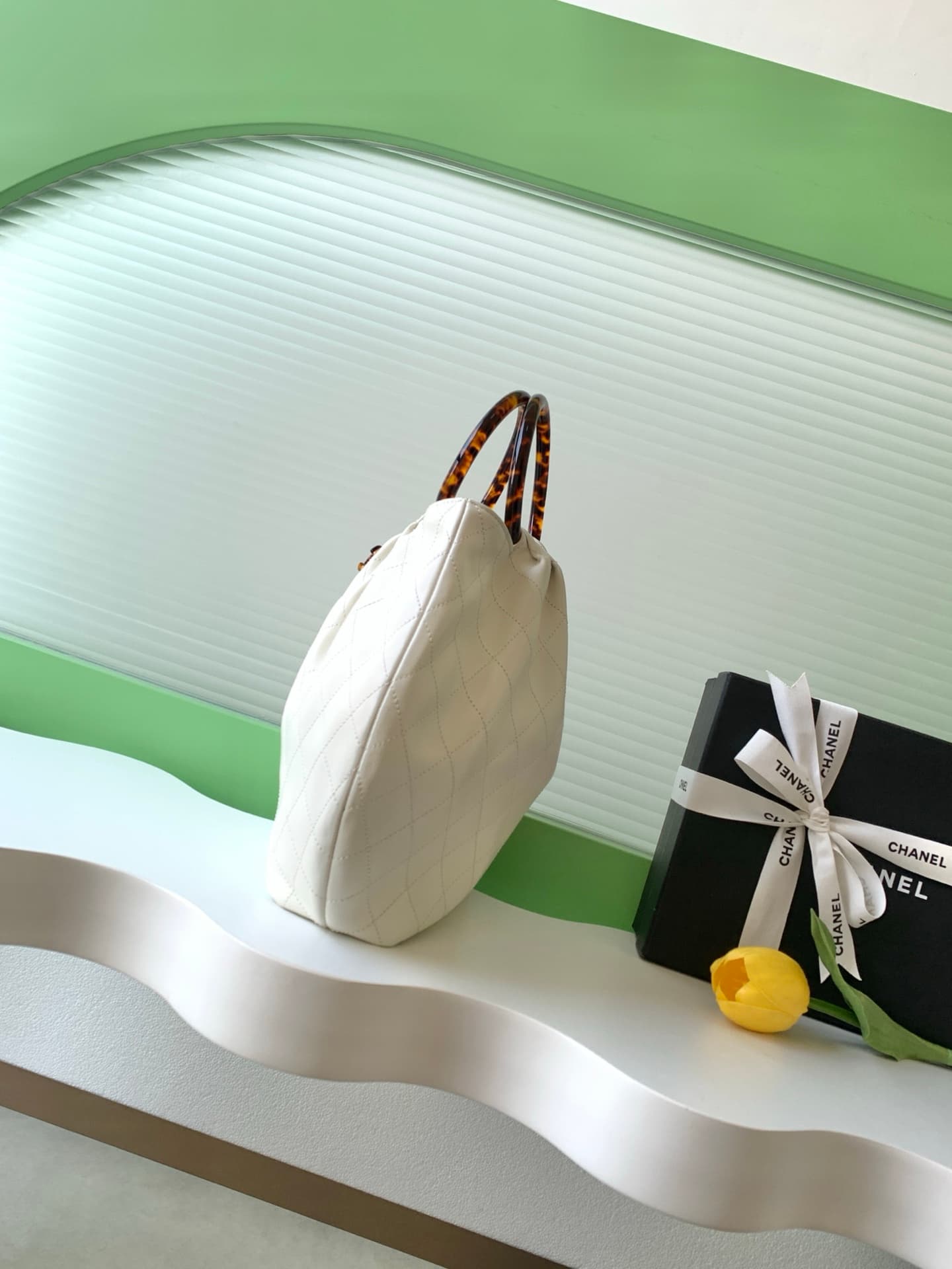 Chanel Medium Hobo Bag Lambskin-Shell Effect Plexi & Gold-Tone Metal White AS6010 High