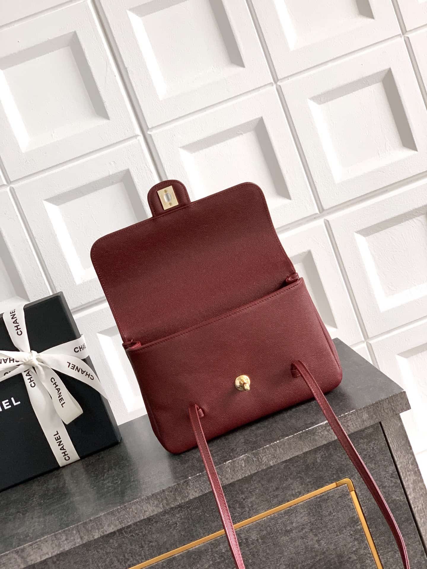 Chanel Clutch with Leather Strap Grained Shiny Calfskin & Gold-Tone Metal Claret  5809 High
