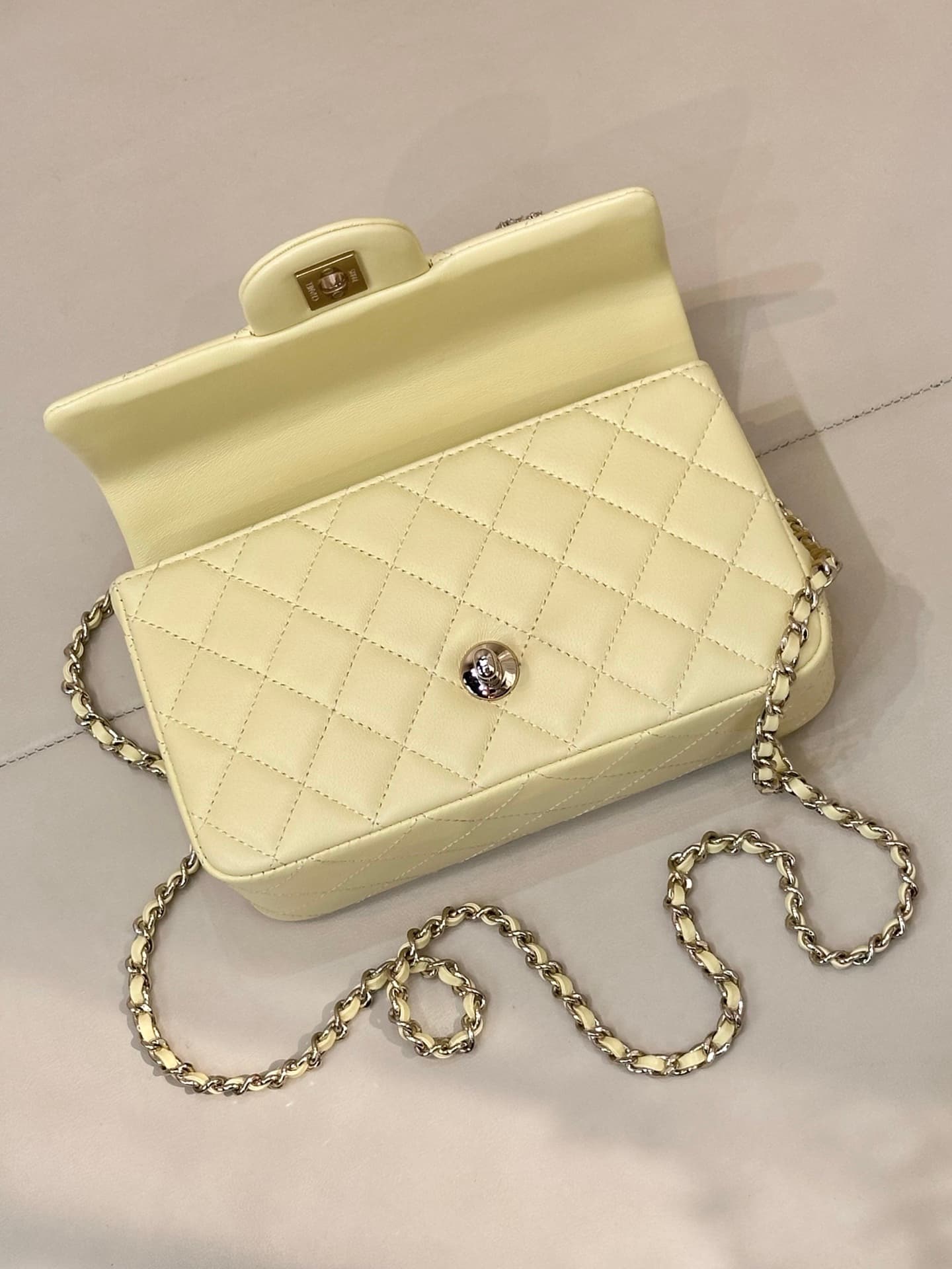Chanel Mini Classic Handbag Lambskin Strass & Gold-Tone Metal AS2431 light yellow TOP
