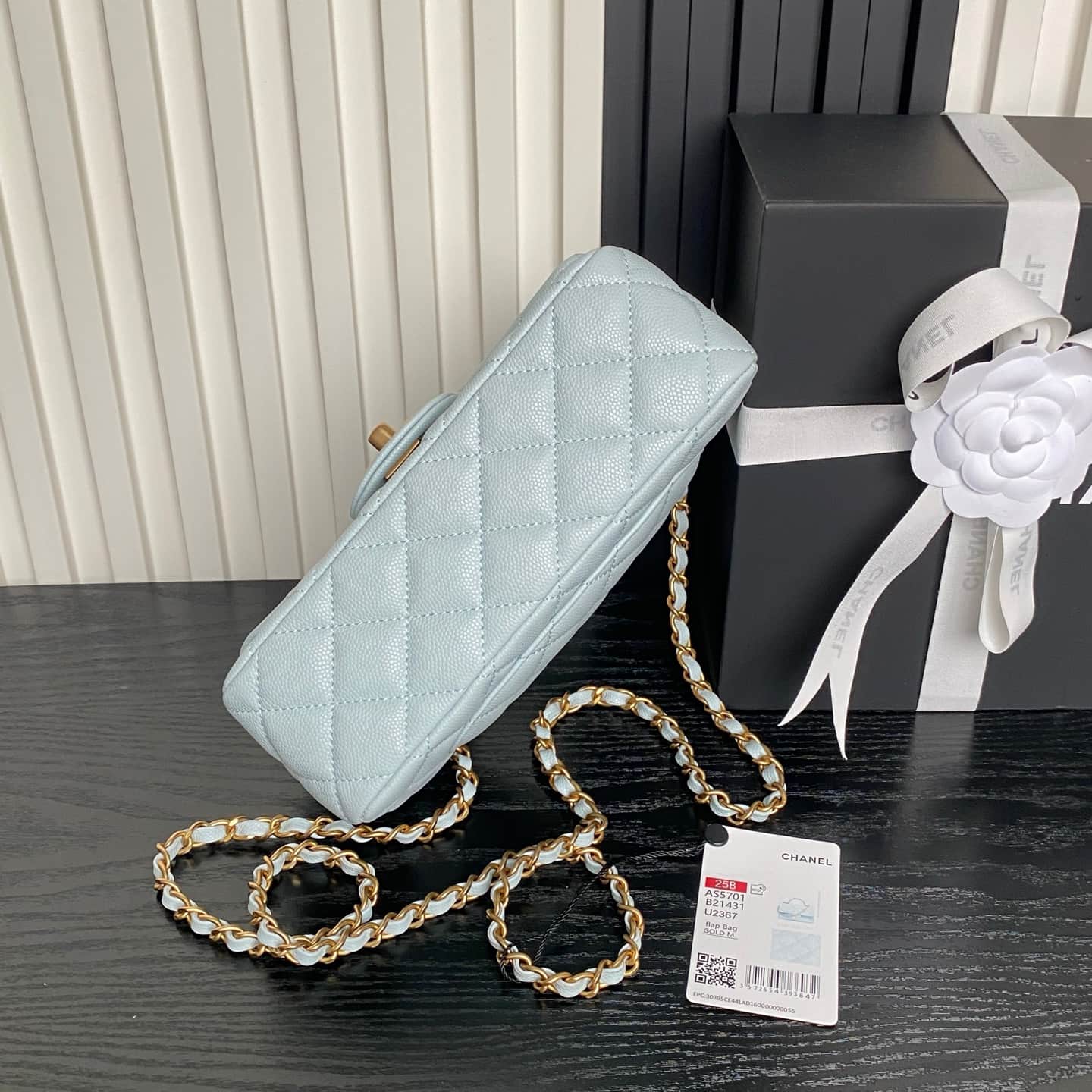 Chanel Mini Flap Bag with Top Handle Grained Shiny Calfskin &  Gold-Tone Metal Blue AS5702 A