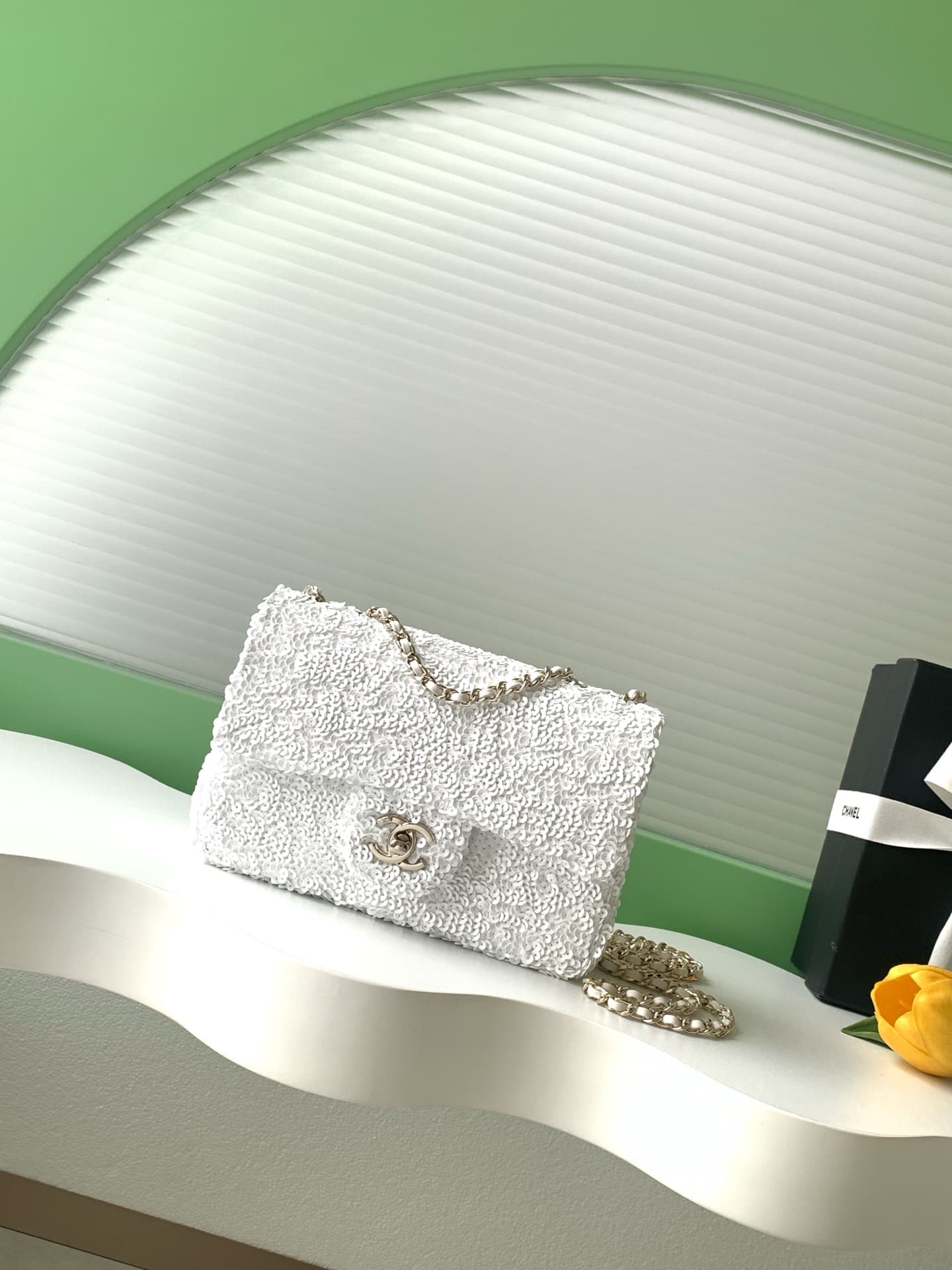 Chanel Flap Bag Sequins & Gold-Tone Metal AS4561 White A