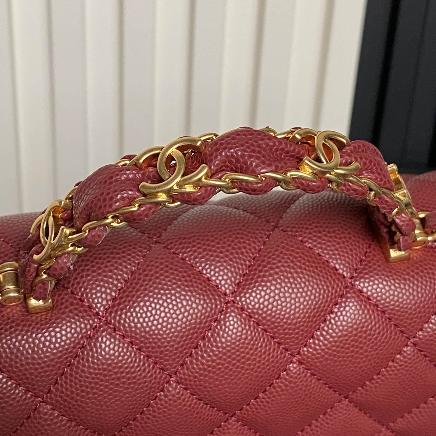 Chanel Mini Flap Bag with Top Handle Grained Shiny Calfskin & Gold-Tone Metal Claret AS5701 A