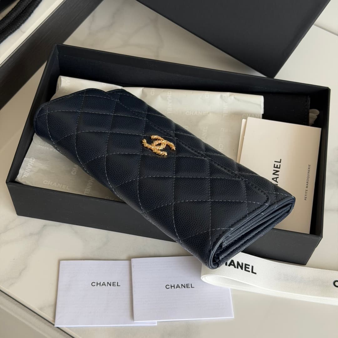 Chanel Wallet Shiny Grained Calfskin Strass & Gold-Tone Metal Dark Blue AP5076 High