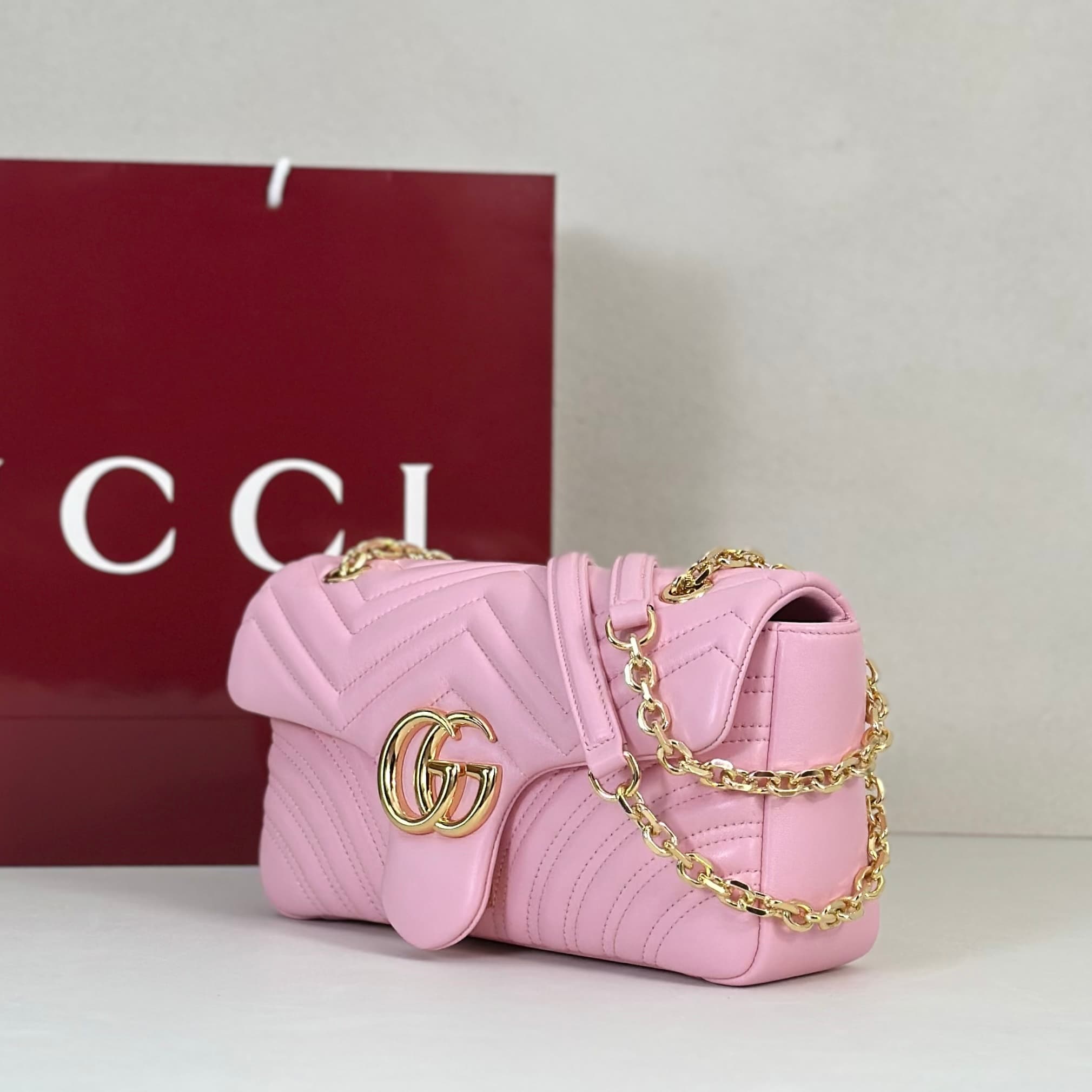 Gucci GG Marmont Medium Shoulder Bag Light Pink Matelassé Chevron Nappa Leather 837267 High
