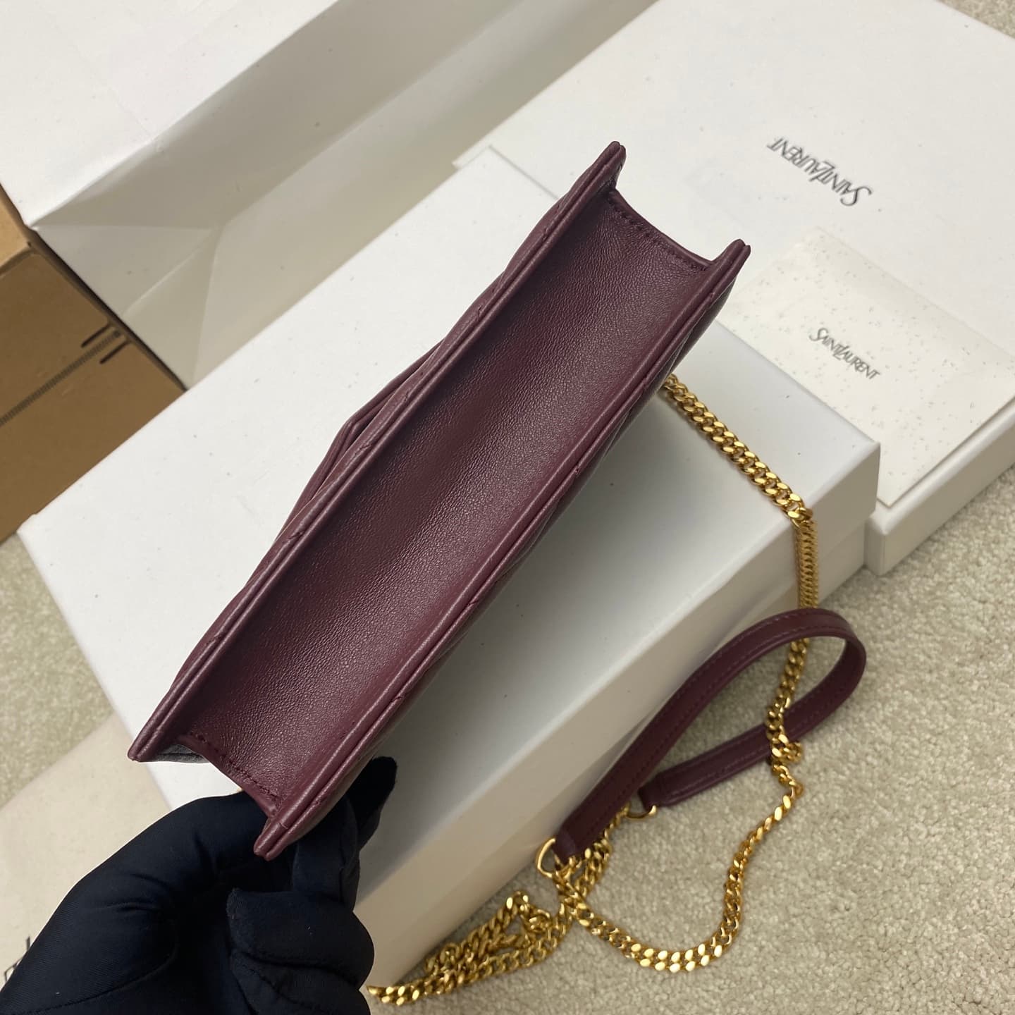Saint Laurent Monogram Matelassé Cassandre Wallet on Chain Burgundy Lambskin 393953 High