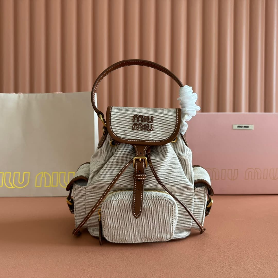 Miu Miu Cornflower Cord Beige/brandy Denim Backpack 5bz043 TOP