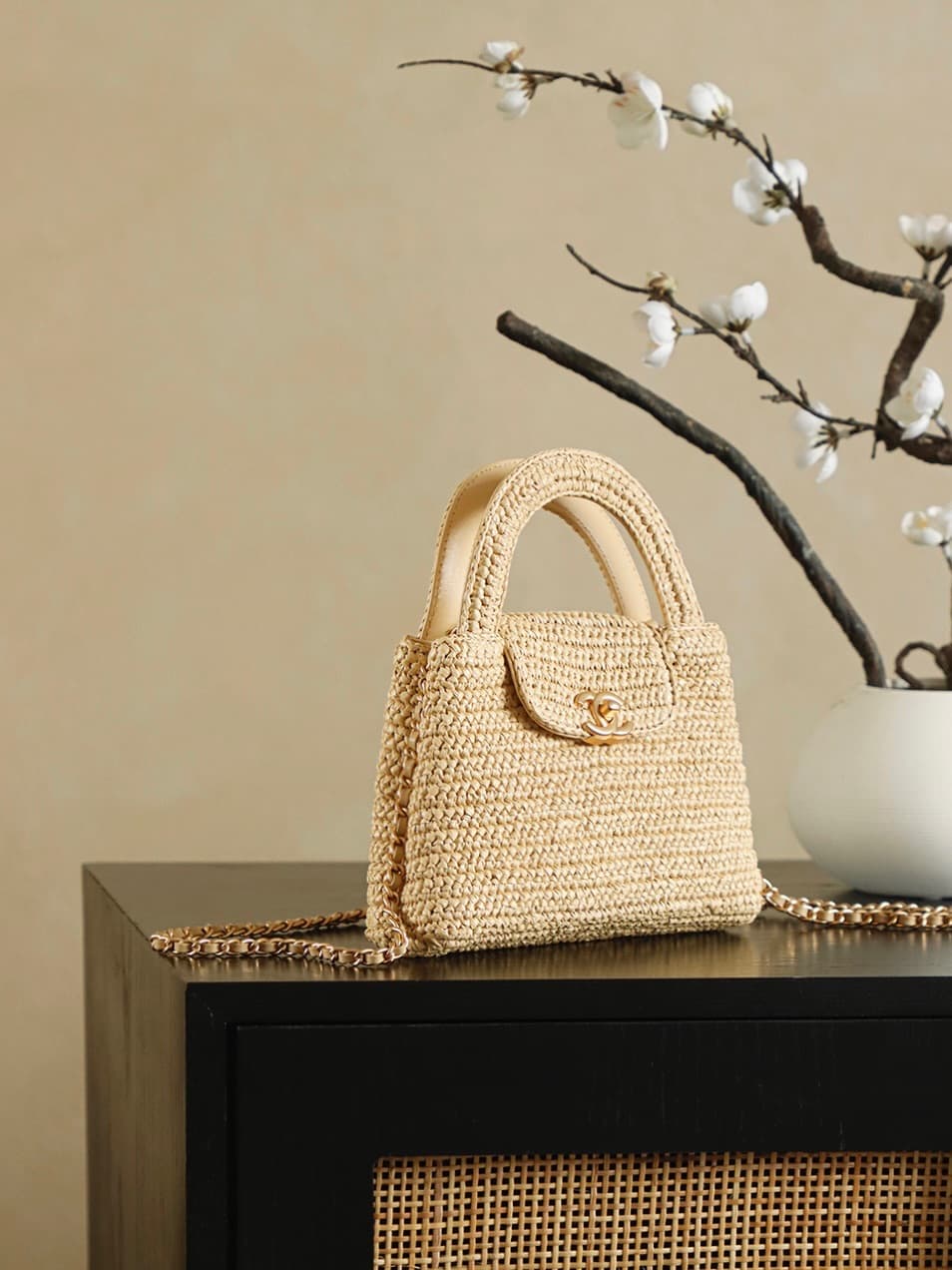 Chanel Mini Shopping Bag Braided Raffia & Gold-Tone Metal Dark Beige AS4416 A