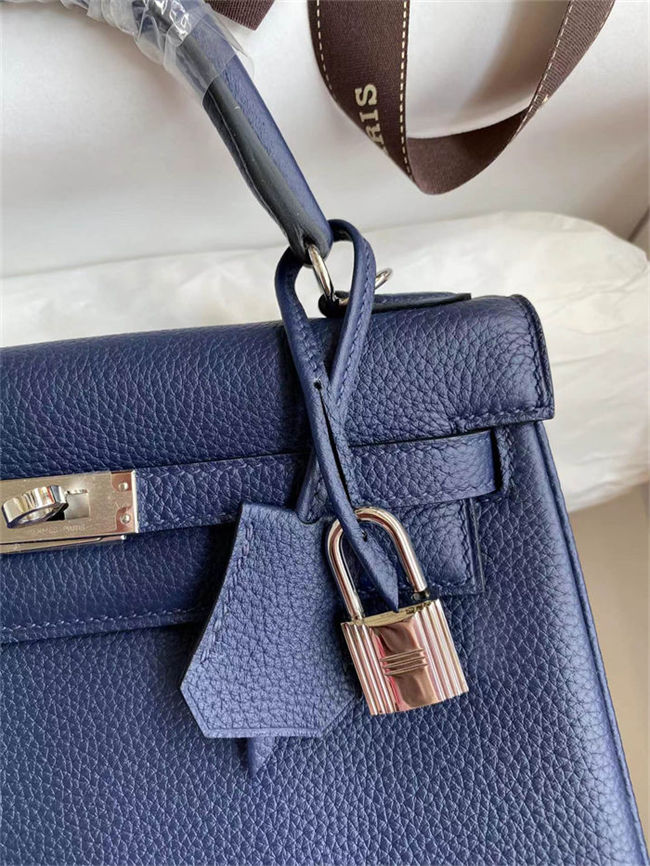 Hermes Kelly 25/28/32cm Retourne Bag Togo Leather In blue obscur WAX High