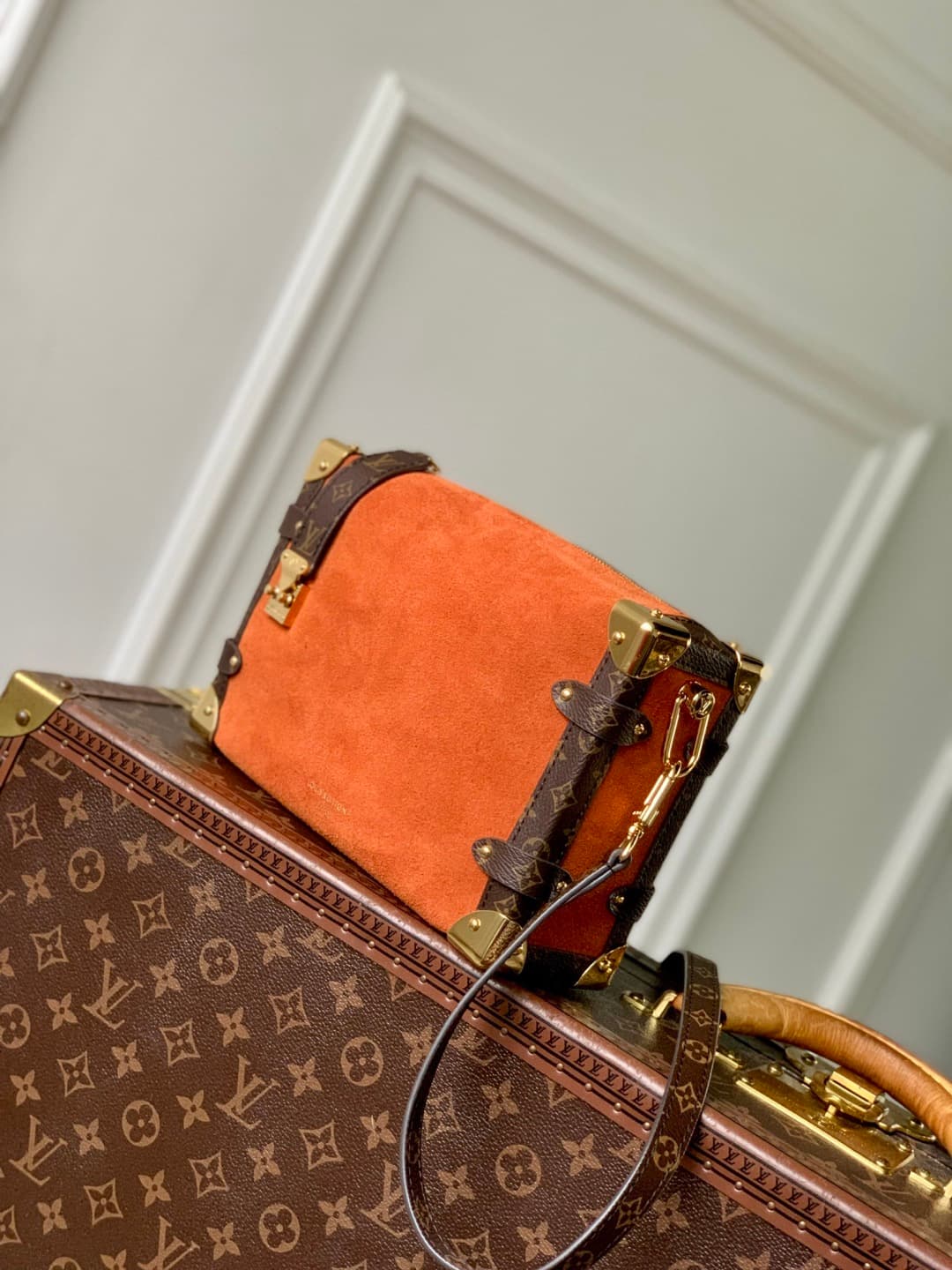 Louis Vuitton Side Trunk MM Suede calfskin leather M15072 Tan High