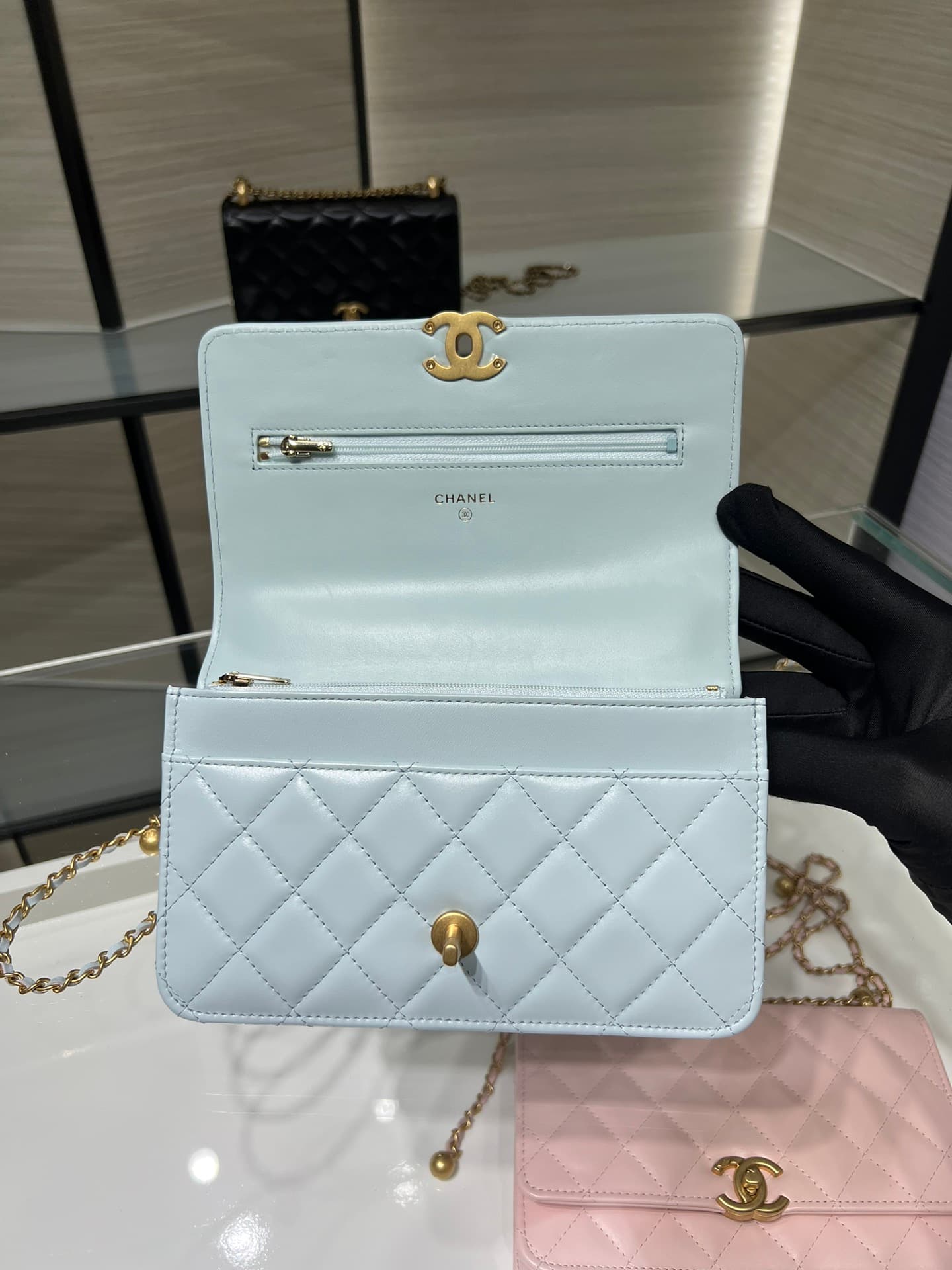 Chanel Wallet on Chain Shiny Calfskin & Gold-Tone Metal Light Blue AP2289 High