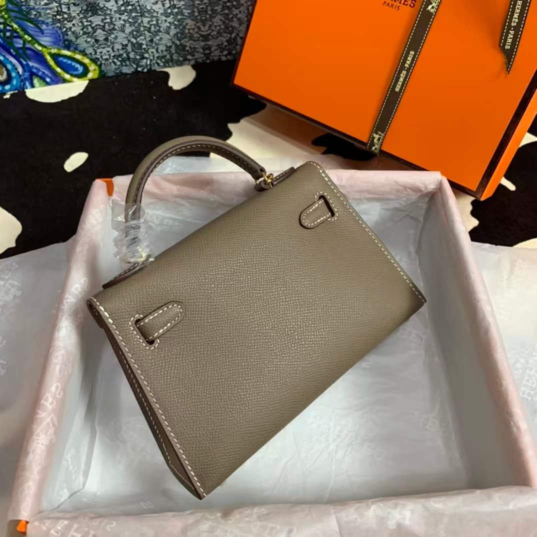 Hermes Kelly Mini II Bag Epsom Leather WAX Silver/Gold Metal Etoupe High