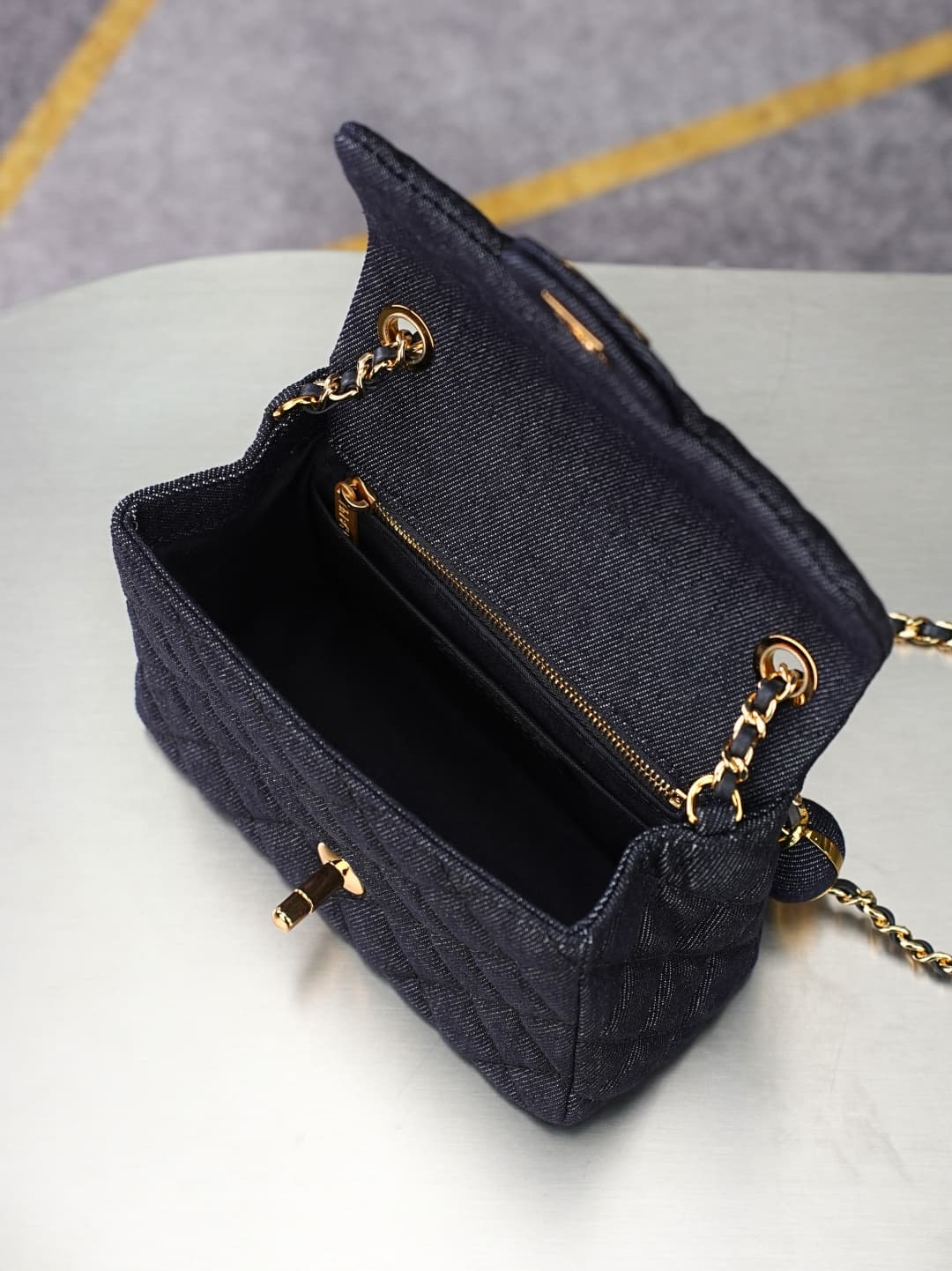 SUPER MINI FLAP BAG Denim & Gold-Tone Metal Dark Black AS1786 A