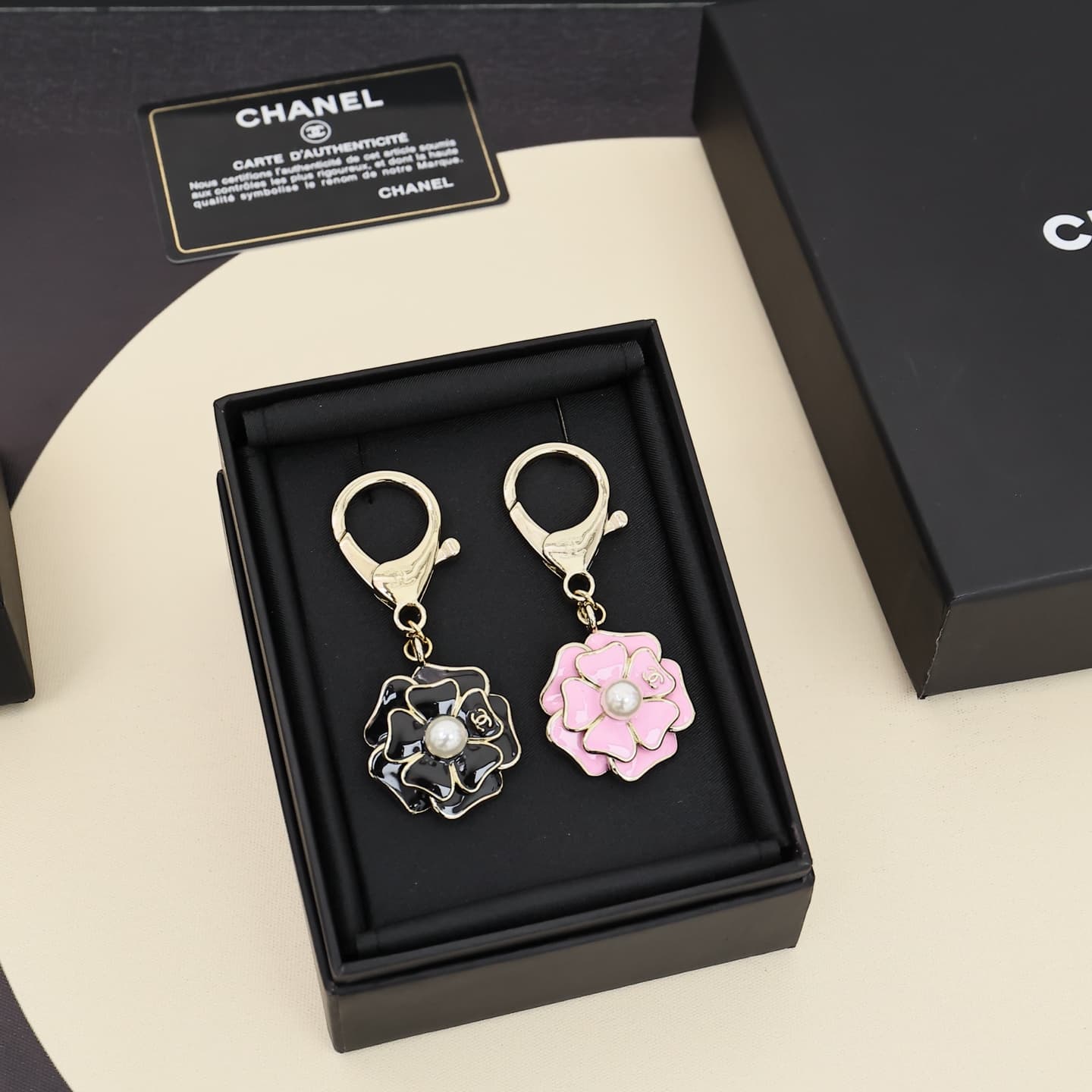 Chanel Enamel Camellia Pearl Keychain
