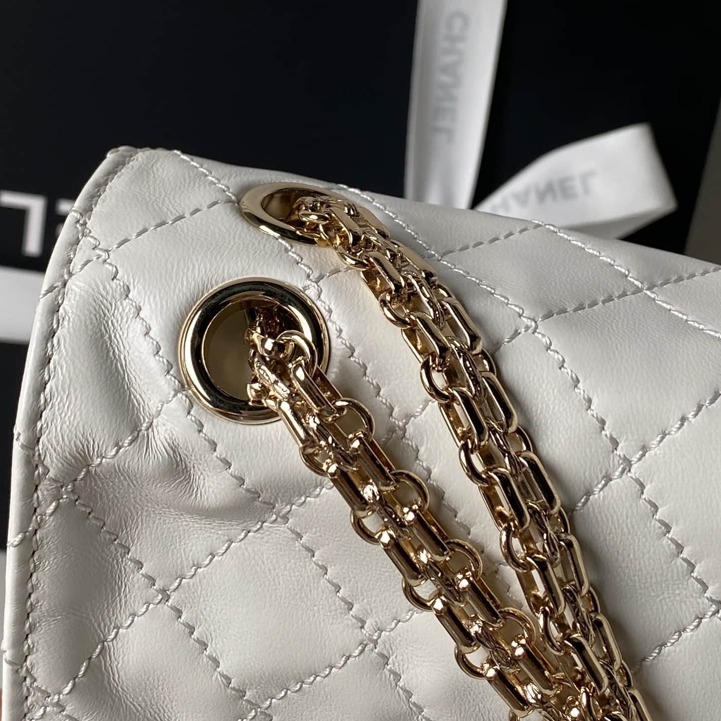 CHANEL Large 2.55 Handbag Aged Calfskin & Gold-Tone Metal White & Burgundy A37587 A
