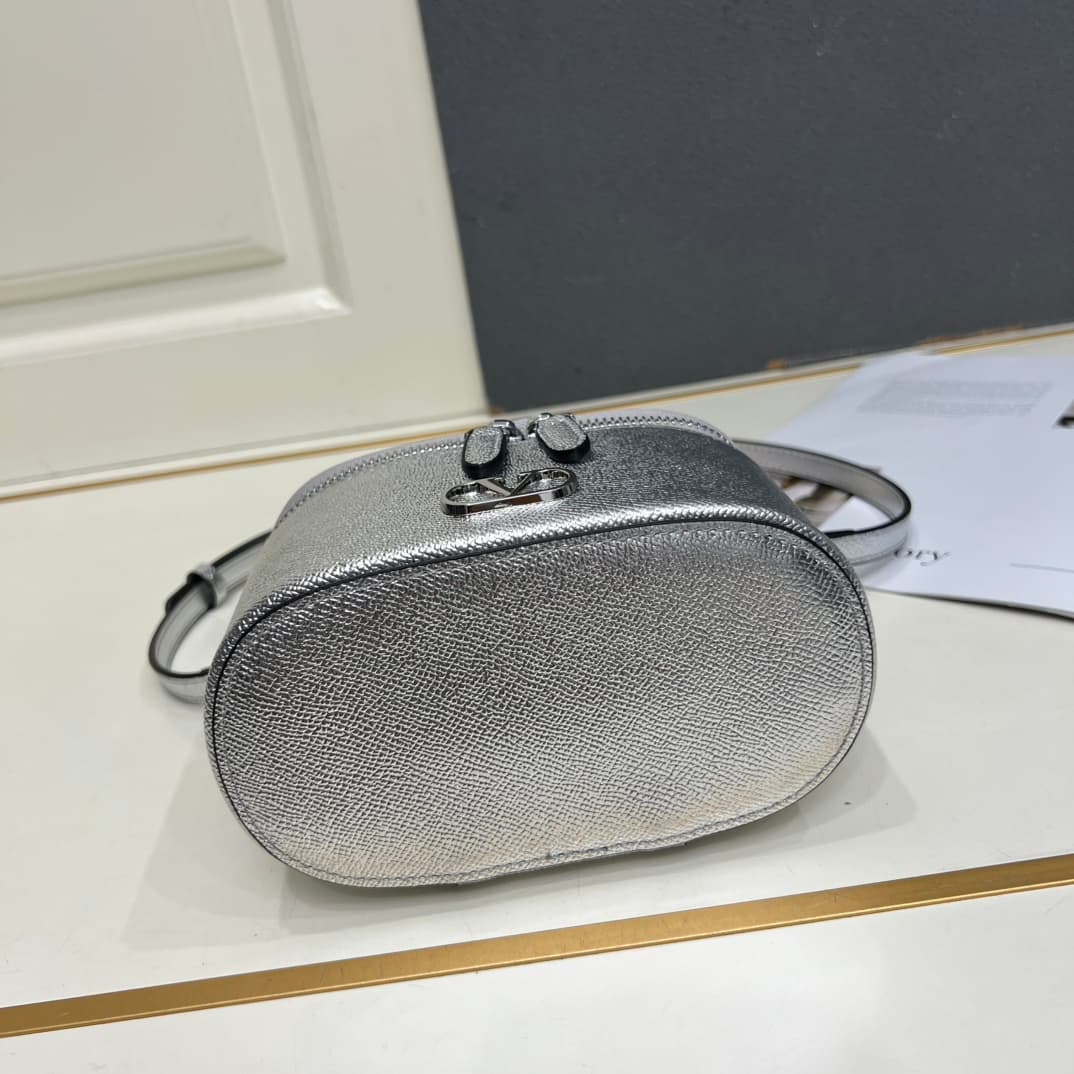 Valentino Garavani VLogo Signature Mini Vanity Bag in Silver Calfskin Mid