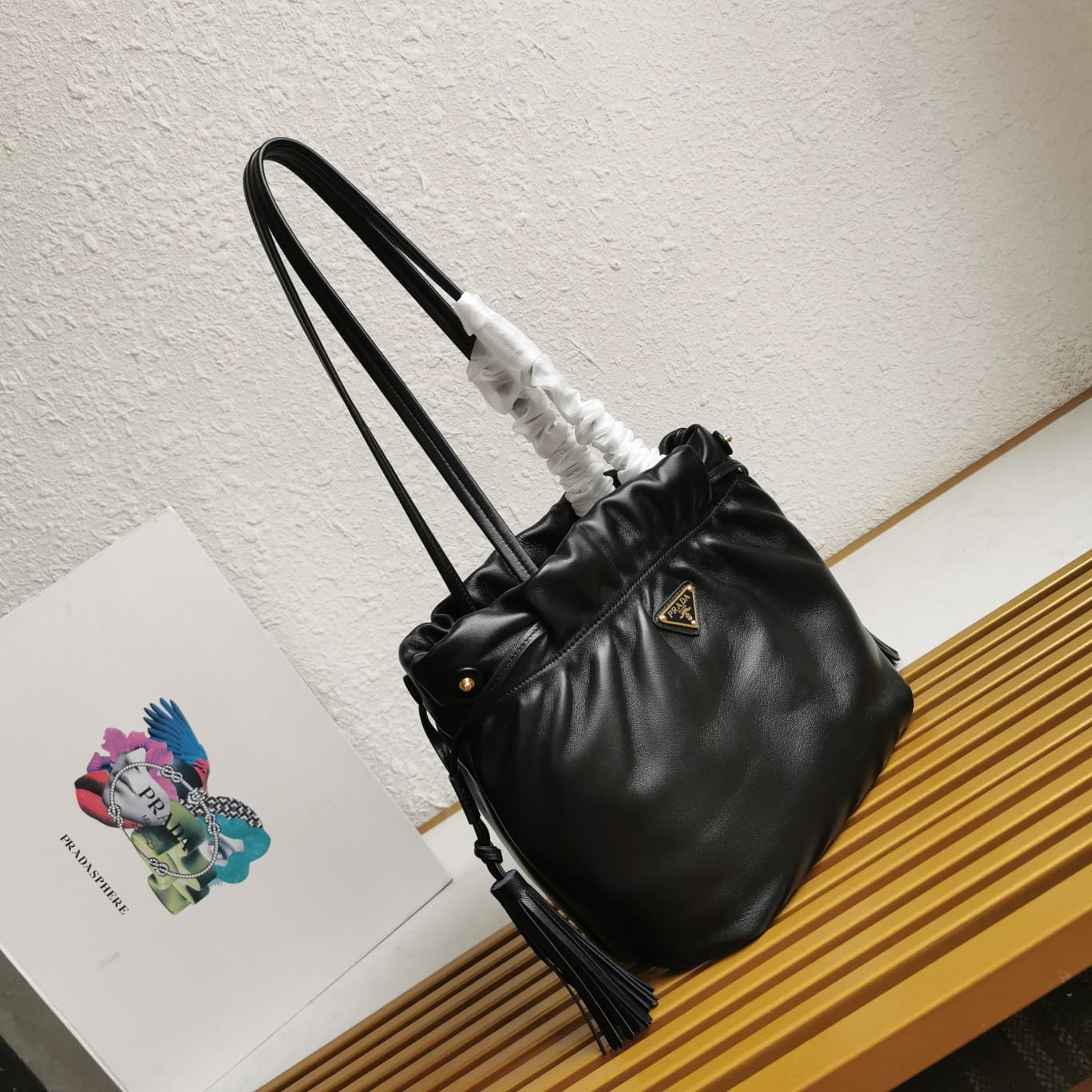Prada Nappa Drawstring Tote Bag Lambskin Black 1BG541 High