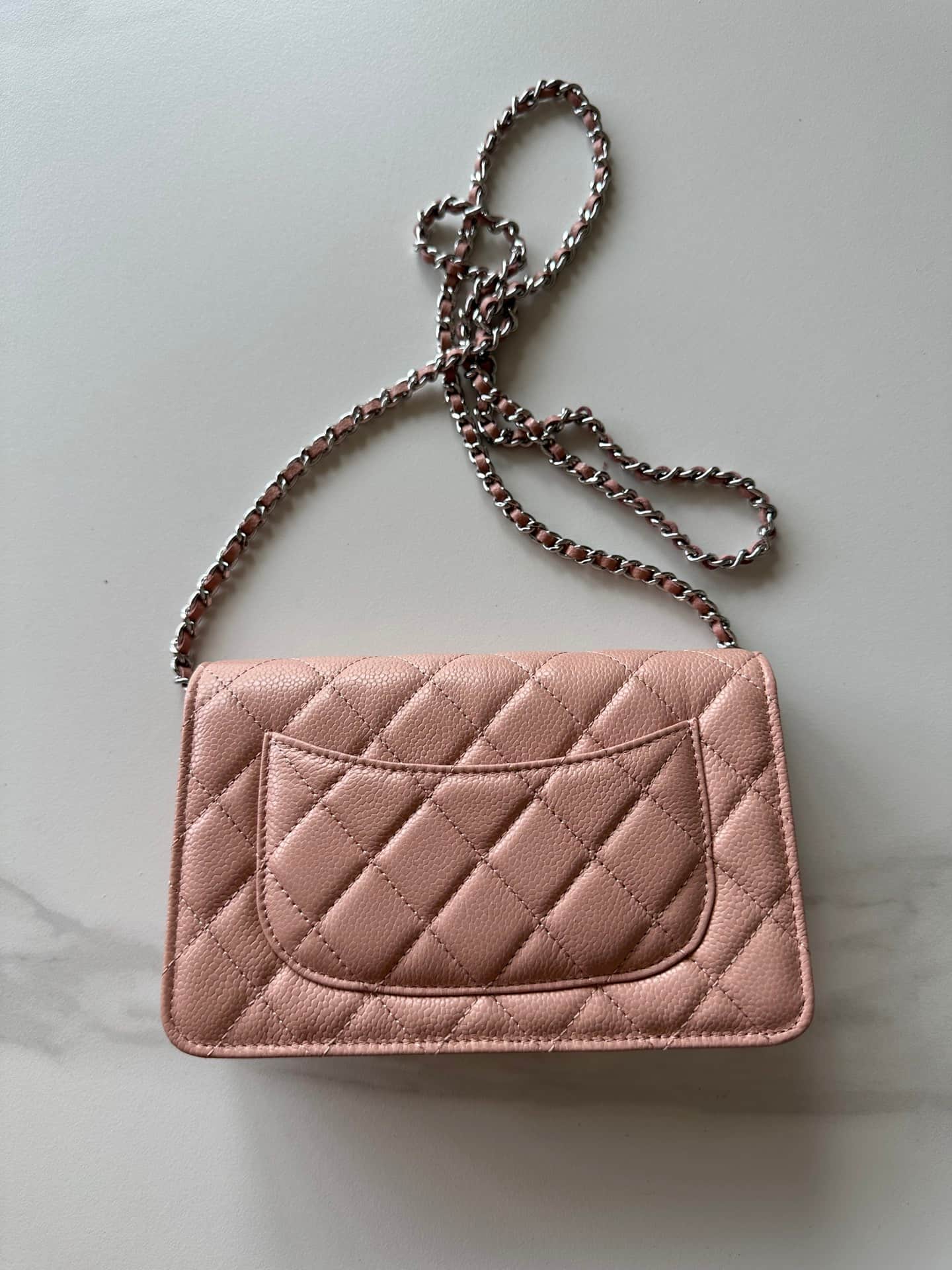 Chanel Classic Wallet on Chain Grained Shiny Calfskin & Silver-Tone Metal AP4241 Light Pink High