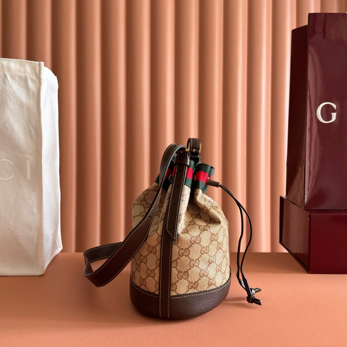 Gucci Mini bucket bag with Web Sand and dark brown GG coated canvas 876060 High