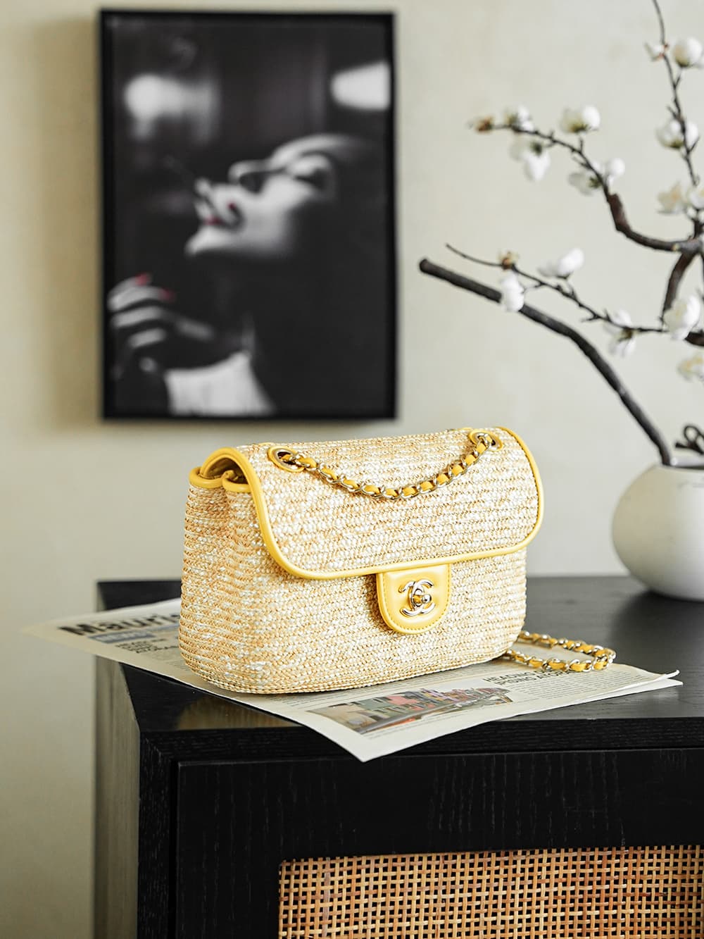Chanel Coco Beach Small Flap Bag Braided Straw Lambskin & Gold-tone Metal AS6017 A