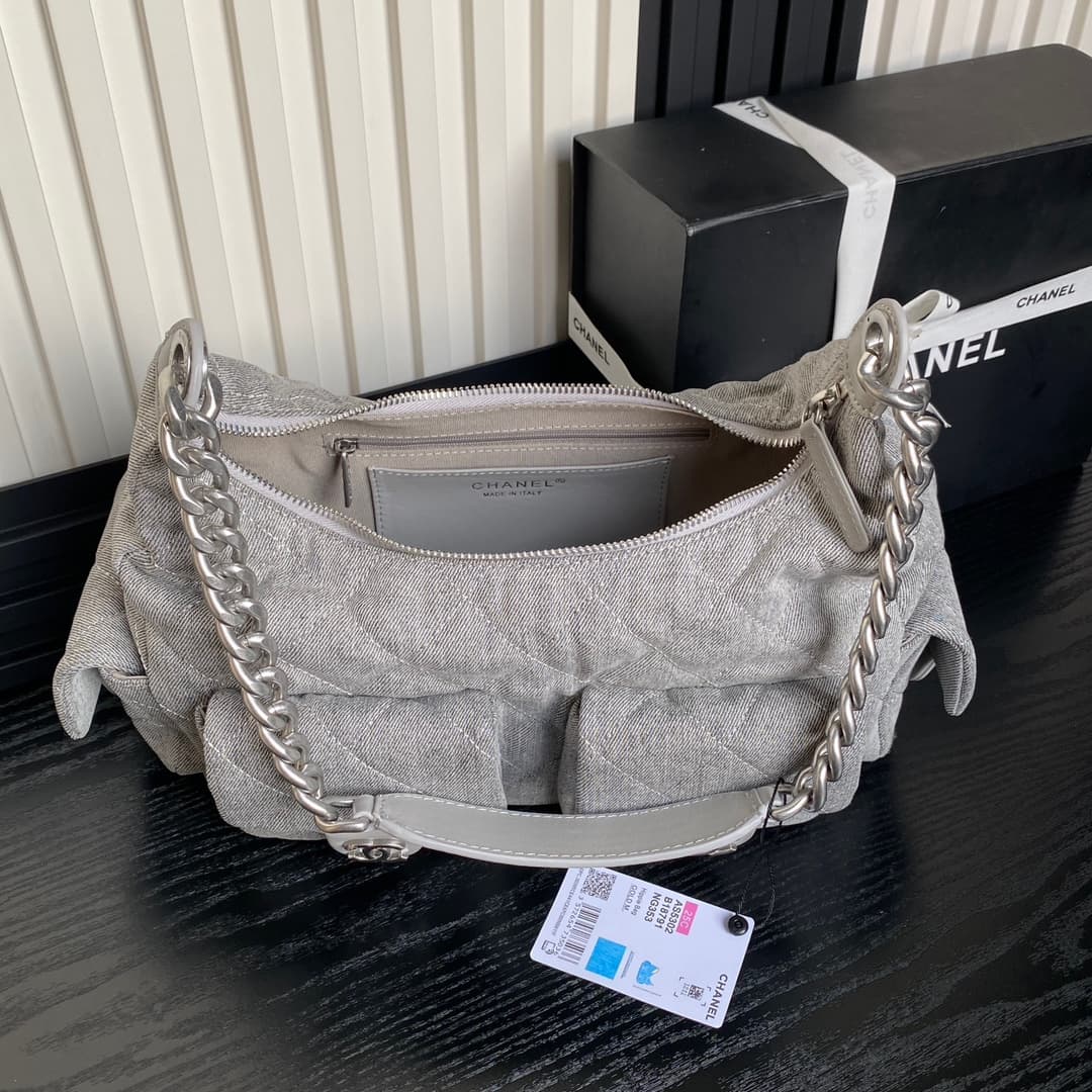 Chanel Trendy Pockets Hobo Bag Denim & Silver Metal Grey AS5302 A