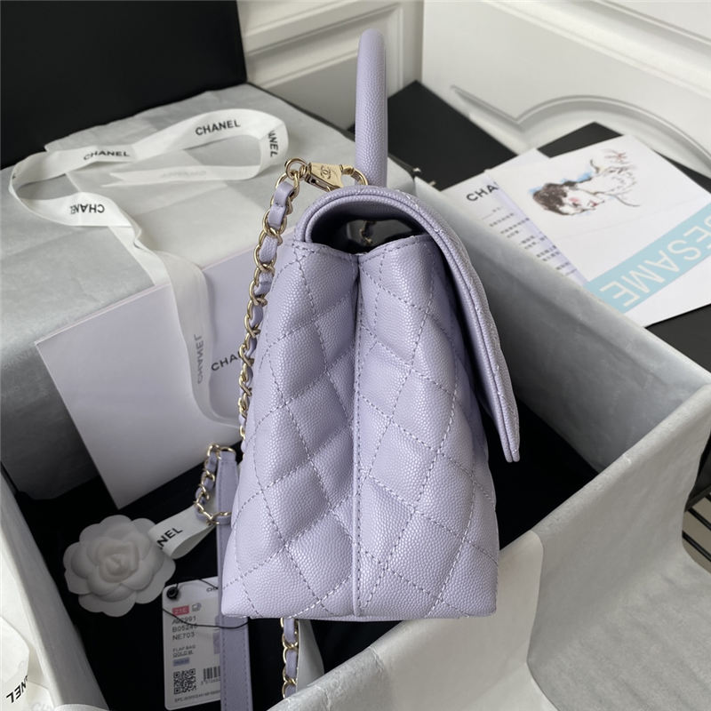 Medium FLAP BAG WITH TOP HANDLE Grained Calfskin Gold Metal Lilac A