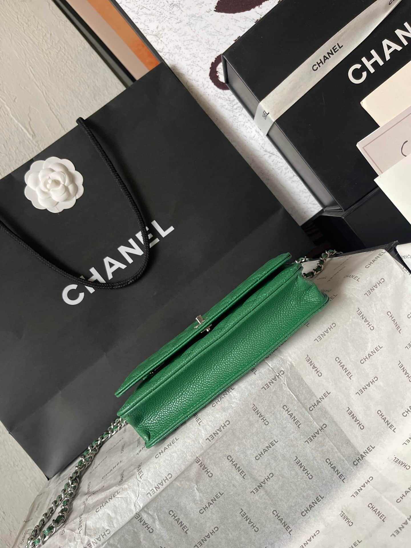 Chanel Classic Wallet on Chain Grained Shiny Calfskin & Silver-Tone Metal AP4241 Green A