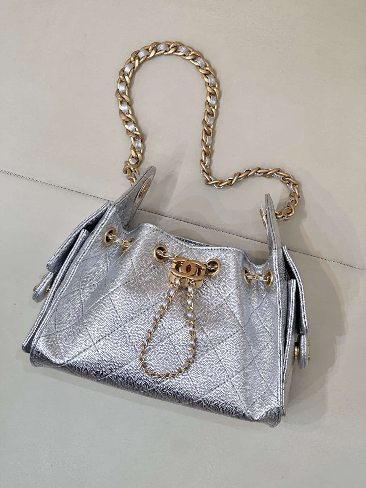 CHANEL 25 Mini Handbag AS5631 Grained Calfskin & Gold-tone Metal Silver TOP