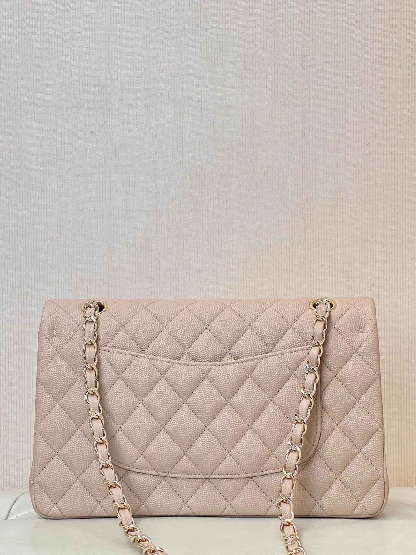 Chanel Medium CLASSIC HANDBAG Grained  Calfskin & Gold-Tone Metal Light Beige TOP