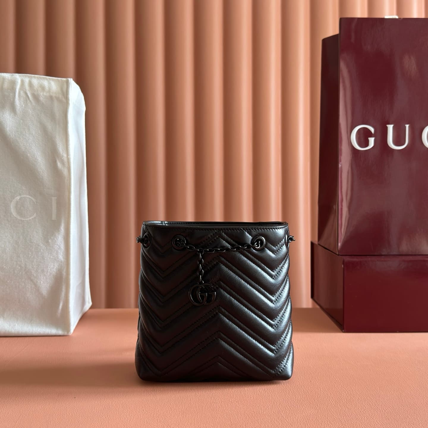 Gucci GG Marmont Nano Bucket Bag Black Matelassé Chevron Nappa Leather ‎856404 High