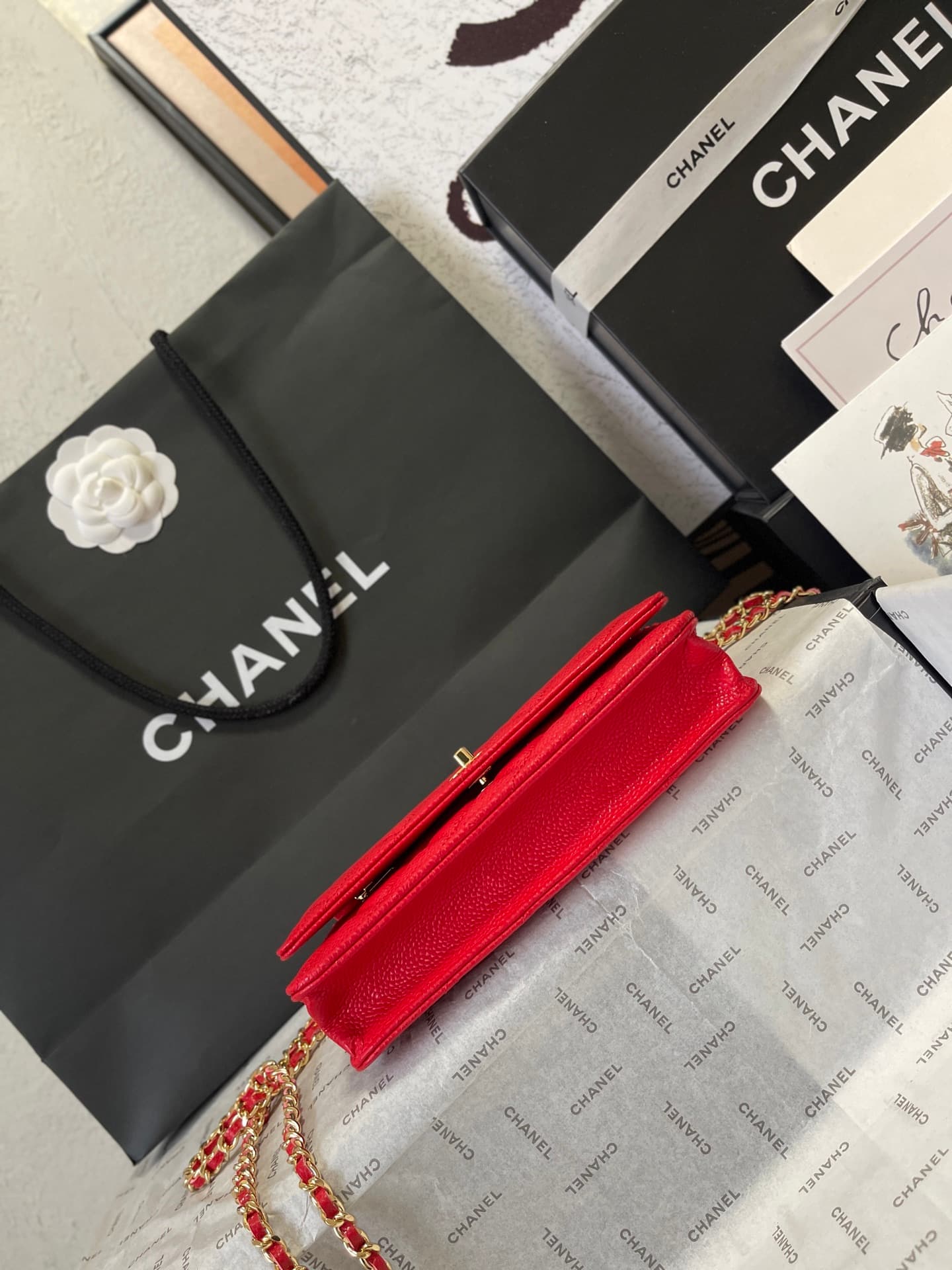 Chanel Classic Wallet on Chain Grained Shiny Calfskin & Gold-Tone Metal AP4241 Red A