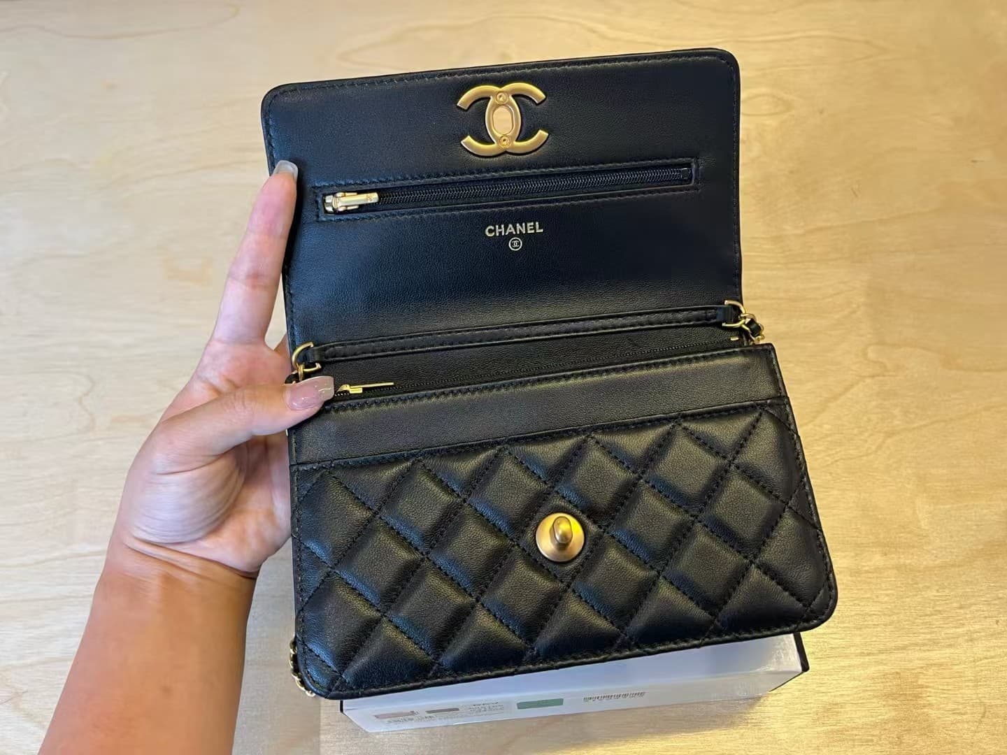 Chanel Wallet On Chain Shiny Lambskin & Gold Tone Metal Black A