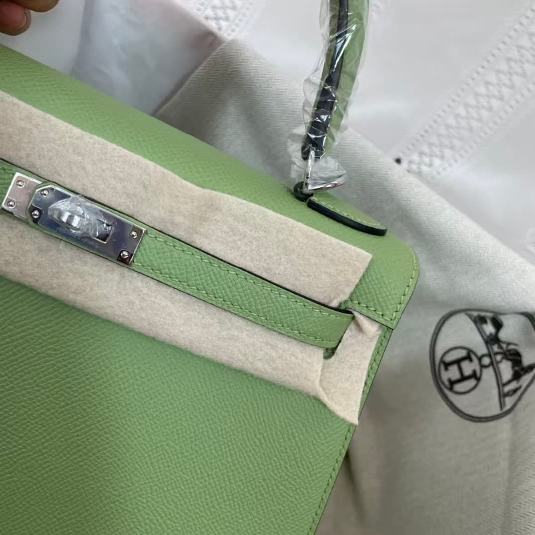 Hermes Kelly 25/28cm Sellier Bag Epsom Leather Silver/Gold Metal In Vert Criquet WAX High
