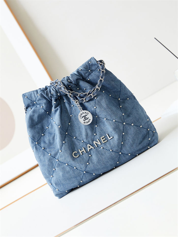 Chanel 22 SMALL HANDBAG Denim & Silver-Tone Metal AS3260 Blue A