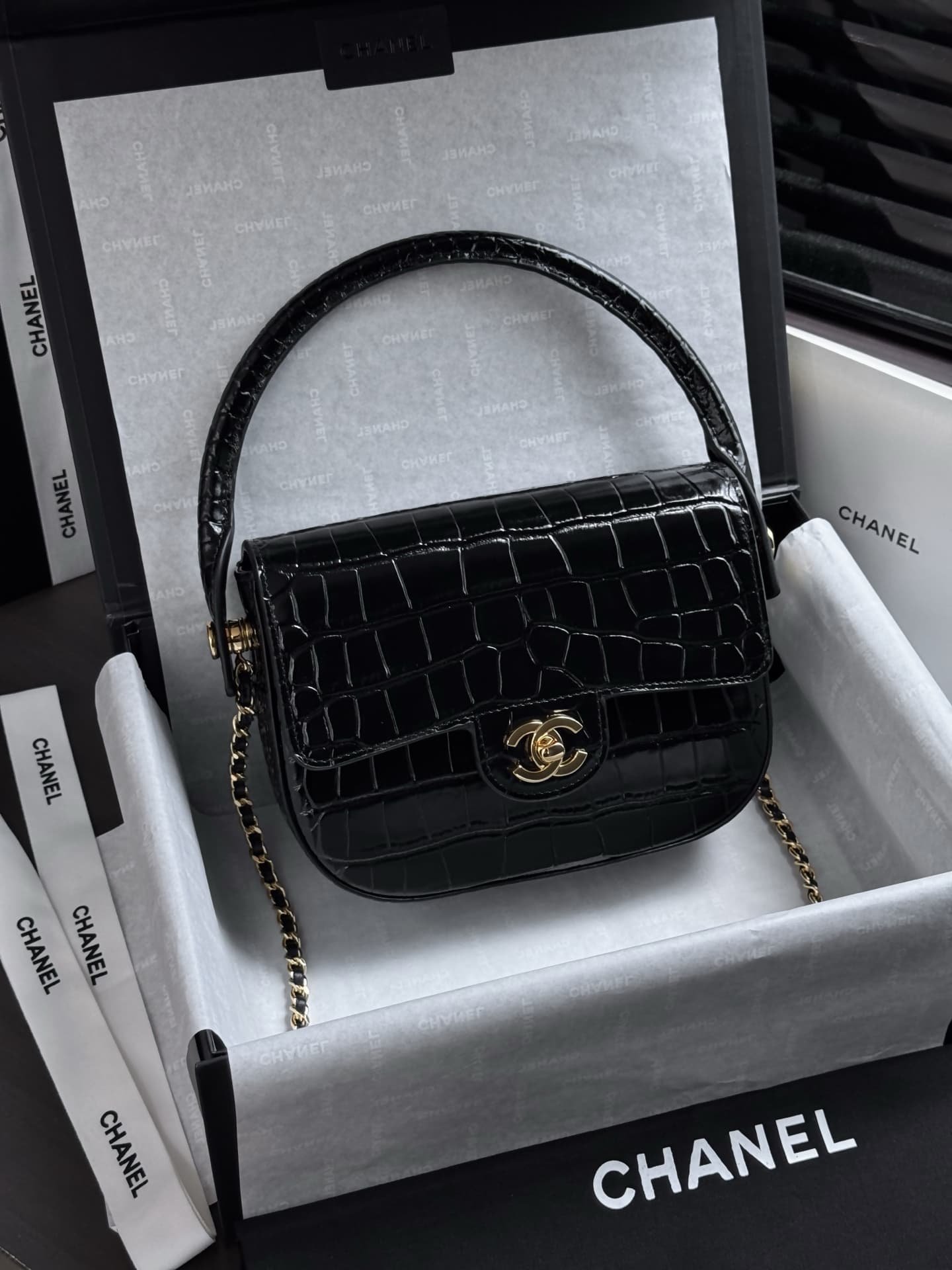 Chanel Mini Flap Bag with Top Handle Crocodile Embossed Calfskin & Gold-Tone Metal Black AS6424 A