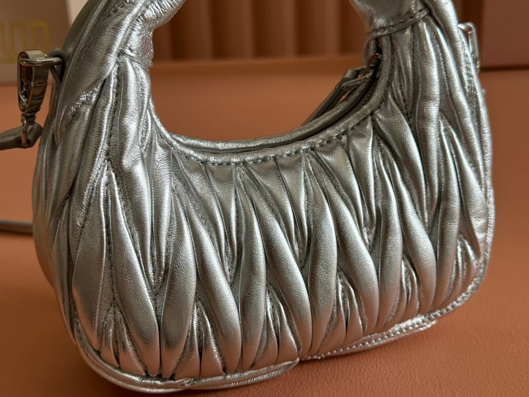 Miu Miu Silver Wander Matelassé Nappa Leather Hobo Mini-bag 5BP078 High