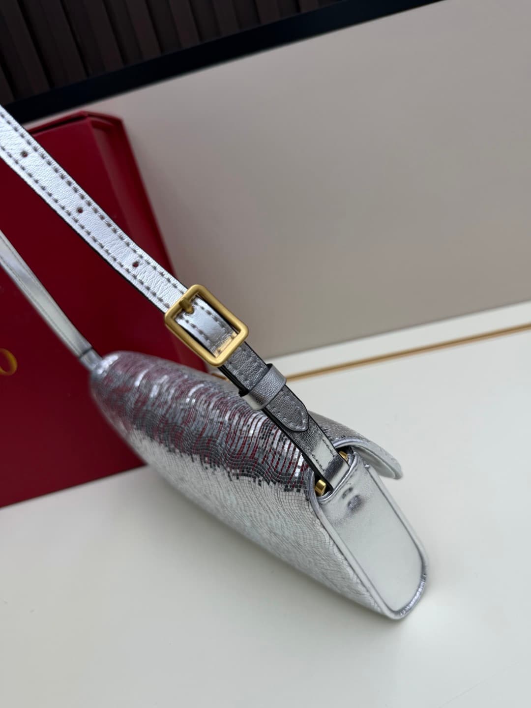 Valentino Garavani Devain Small Nappa Sequins Shoulder Bag Silver High