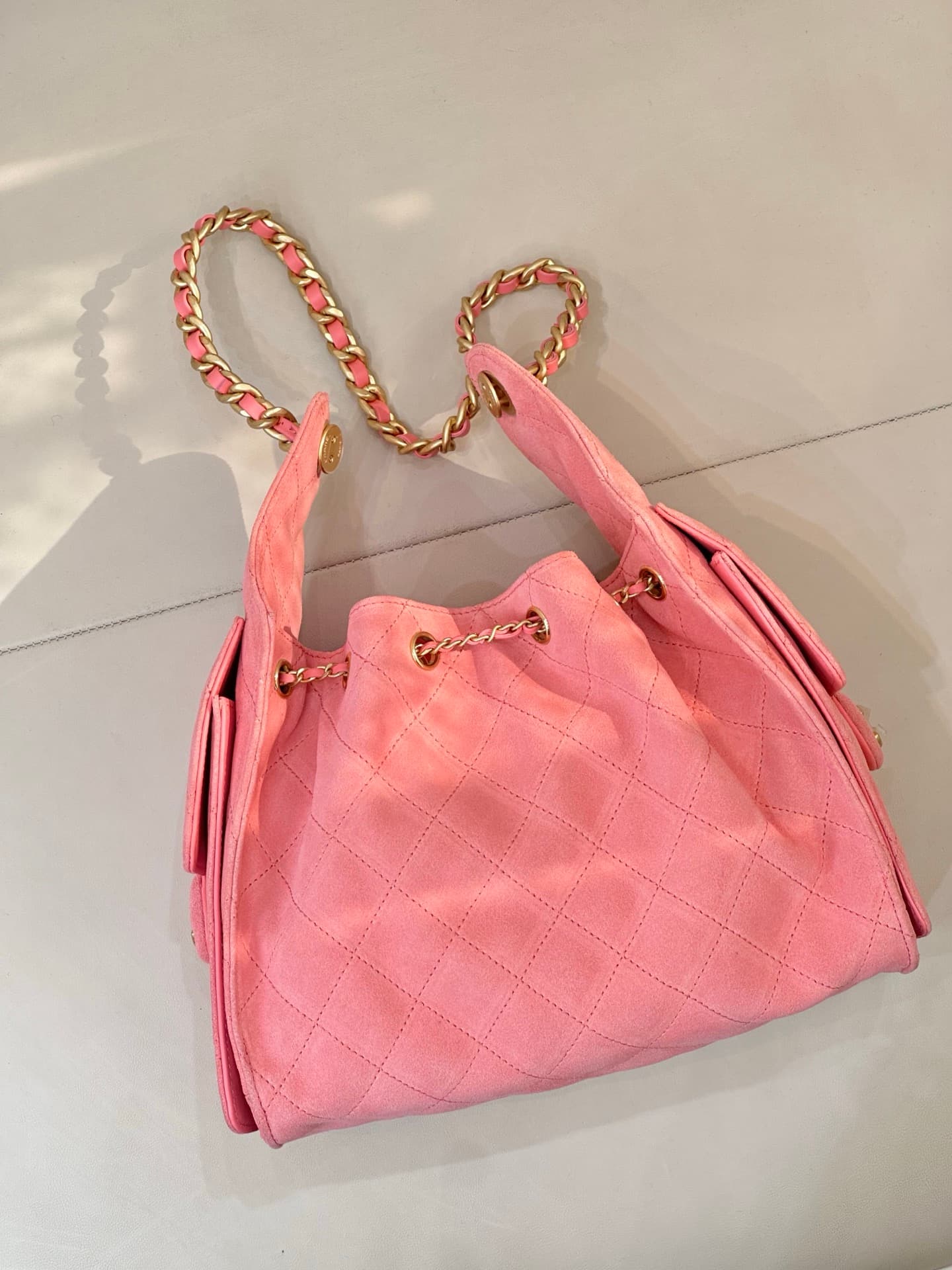 Chanel 25 Small Hobo handbag AS5293 Suede&Gold-tone Metal Peach TOP