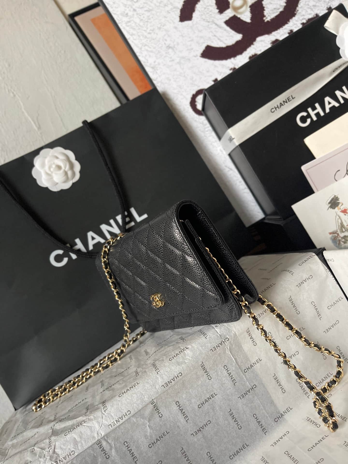 Chanel Classic Wallet on Chain Grained Shiny Calfskin & Gold-Tone Metal AP4241 Black A